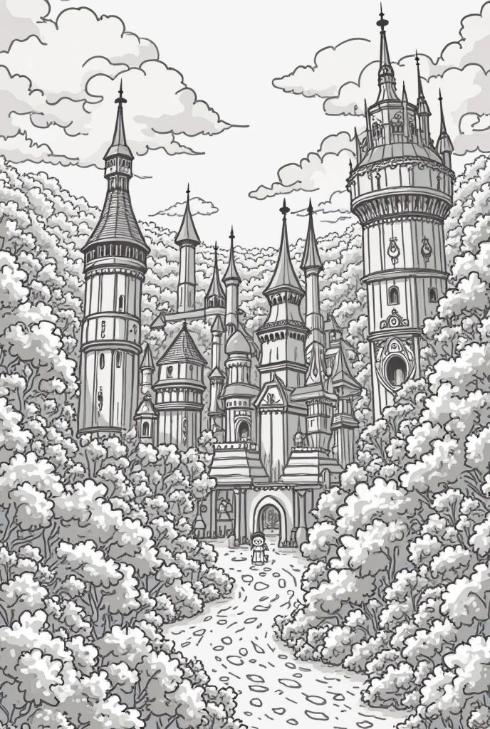 Die Kinder betreten den lebendigen Zauberwald. Colorful trees and cheerful flowers greet them. line art, black and white, cartoon, childish, simple