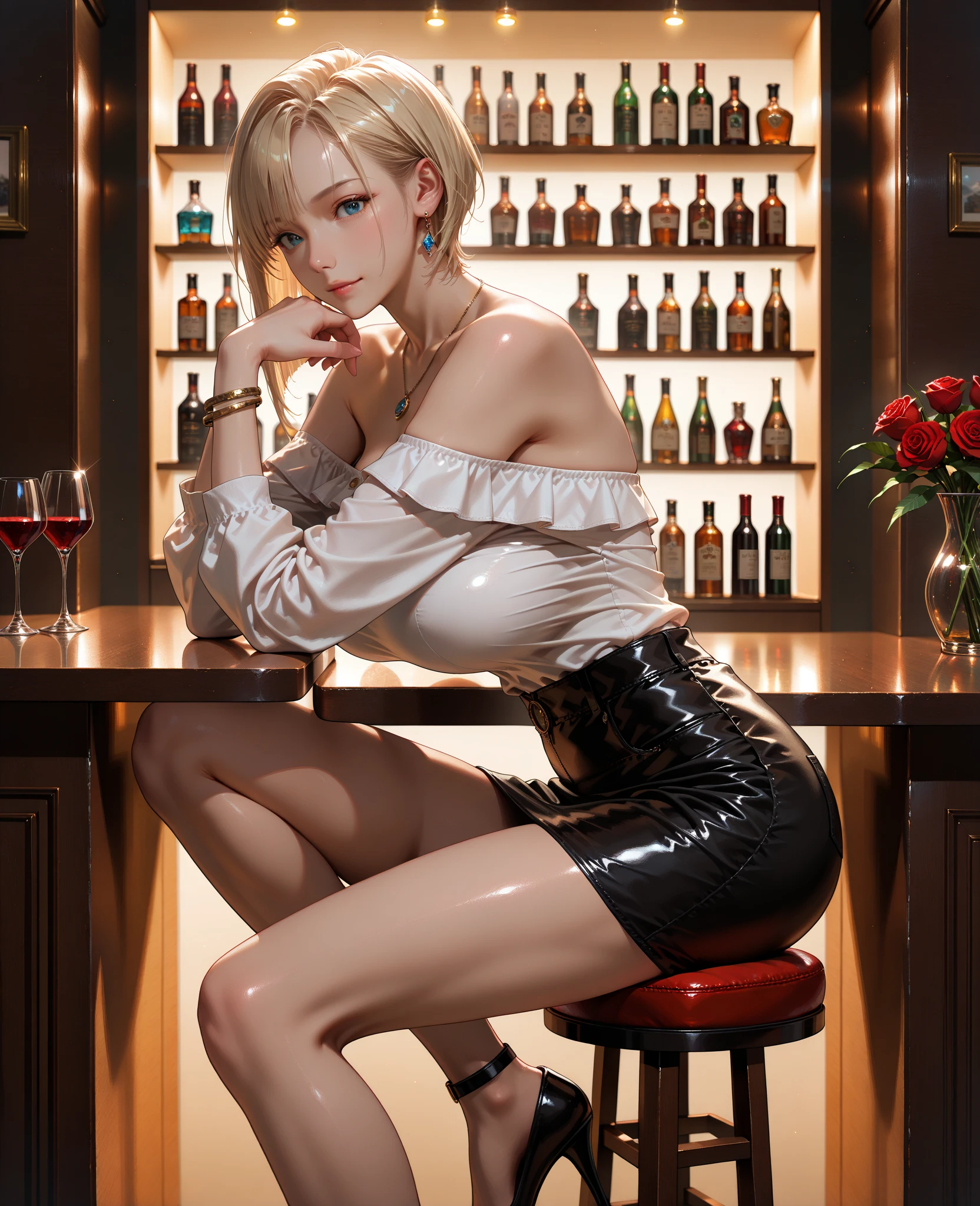 best quality, Masterpiece, (photo realistic:1.4), detailed skin, intricate details, A pretty 20 year old girl., (blonde:1.5), detailed background, (skin texture) (film grain:1.3) , (warm tone, warm tone:1.2), cinematic light, ultra high resolution, best shadow, RAW, (hazy glow), (fading afternoon sun), (vintage lens), (past era), (Romance ), (mystery), (old camera), (aged metal body), (soft shutter click), (light leak), (lens flare), (analogue days), (unpredictable charm), 1 Beautiful girl brunette, with brown eyes and short hair, beautiful hands, an elegant purse in one hand, big breasts, narrow waist, wearing an elegant white dress sitting on a stool inside a bar, a daring night photo session in close-up of the face , legs crossed showing her beautiful long and shapely legs, smile and sensual clothes, high heels, without underwear, beautiful and perfect high-heeled shoes in the same color as the dress,