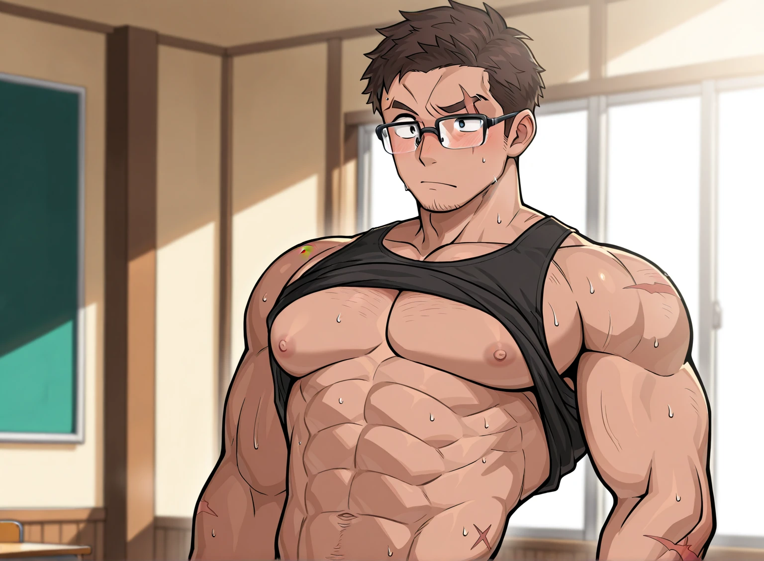bara furry bunny, perfect face, red short hair, pink skin, underwear only, in library