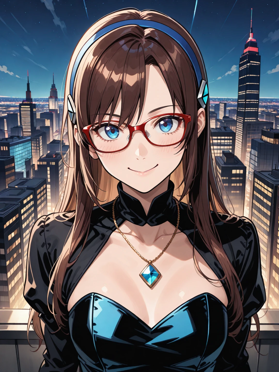 highest quality、Realistic、Women、zoom、Cobalt blue eyes、Blonde short wavy hair、Hero Suit、Glossy white bodysuit、Blue and gold accents、lingerie、slender、Dark Skin、Flat Chest、Glasses、Rooftop、An inappropriate smile、Bust Shot、