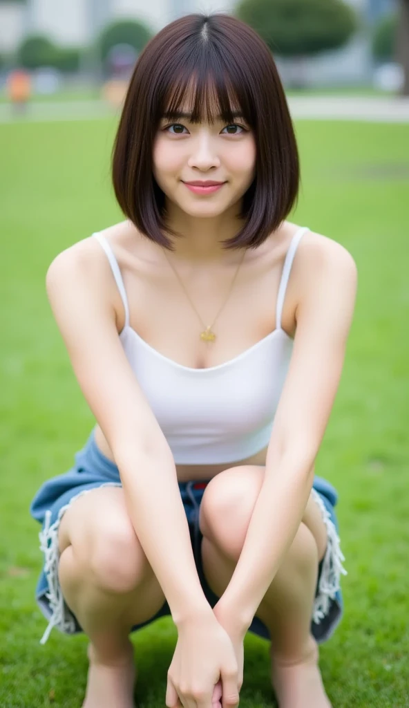 Arab Asian woman with short brown hair posing for a photo, Beautiful Asian Girl, young cute wan asian face, Gorgeous young Korean woman, Realistic Young Gravure Idol, girl cute-fine-face, Beautiful young Korean woman, the face of a beautiful Japanese girl, With short hair, cute seductive smile, friendly seductive smile, Young adorable Korean face、I'm wearing a skirt、The skirt is flipped up、thighs look big、