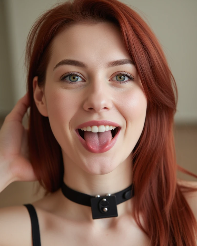 reddit,r/bdsm,face Close-up,photo of a young redhead woman, Tongue out, face, Detailed pupils, skin texture, From front, Detailed eyes, sexy, seductive, slave Collar, detailed tongue, keylight reflection on eyes, detailed iris, detailed pupil, front view, nude, submissive