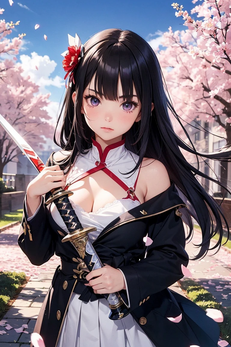 slender, mature female,1girl, weapon, breasts, sword, petals, rating:safe, long_hair, solo, holding, choker, navel, very_long_hair, gloves, bare_shoulders, cleavage, holding_weapon, thighhighs, holding_sword, panties, red_eyes, large_breasts, ponytail, collarbone, black_hair, black_legwear, wind, ribbon, black_panties, bangs, floating_hair, thighs, stomach, hair_ribbon, cowboy_shot, closed_mouth, dress, black_choker, dual_wielding, elbow_gloves, standing, black_gloves, katana, medium_breasts, hair_between_eyes, highleg_panties, cherry_blossoms, highleg, sky, brown_hair, eyebrows_visible_through_hair, cloud, ribbon, strapless, brown_eyes, wind_lift