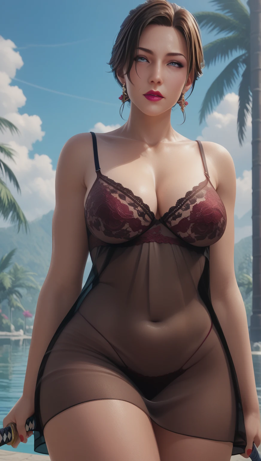 nighttime,akiryo-mai ,(Expose armpit: 1.7),Necklaces, earrings,Brownish red hair,see-through,(Business casual wear:1.6),(sweat:2), (Robert-Hernandez style tattooing:1.45) ,(((solo))),Forests, rivers, wide angle,(Masterpiece:1.5),(best quality:1.4),extremely detailed ,3D,Cinema-4D , 8k,Photorealistic ,( Charming female body), (gigantic breasts),Facing the camera, Pink lips,(((Finger details))),Subject centered,(((Extra hands))), (((extra legs))),