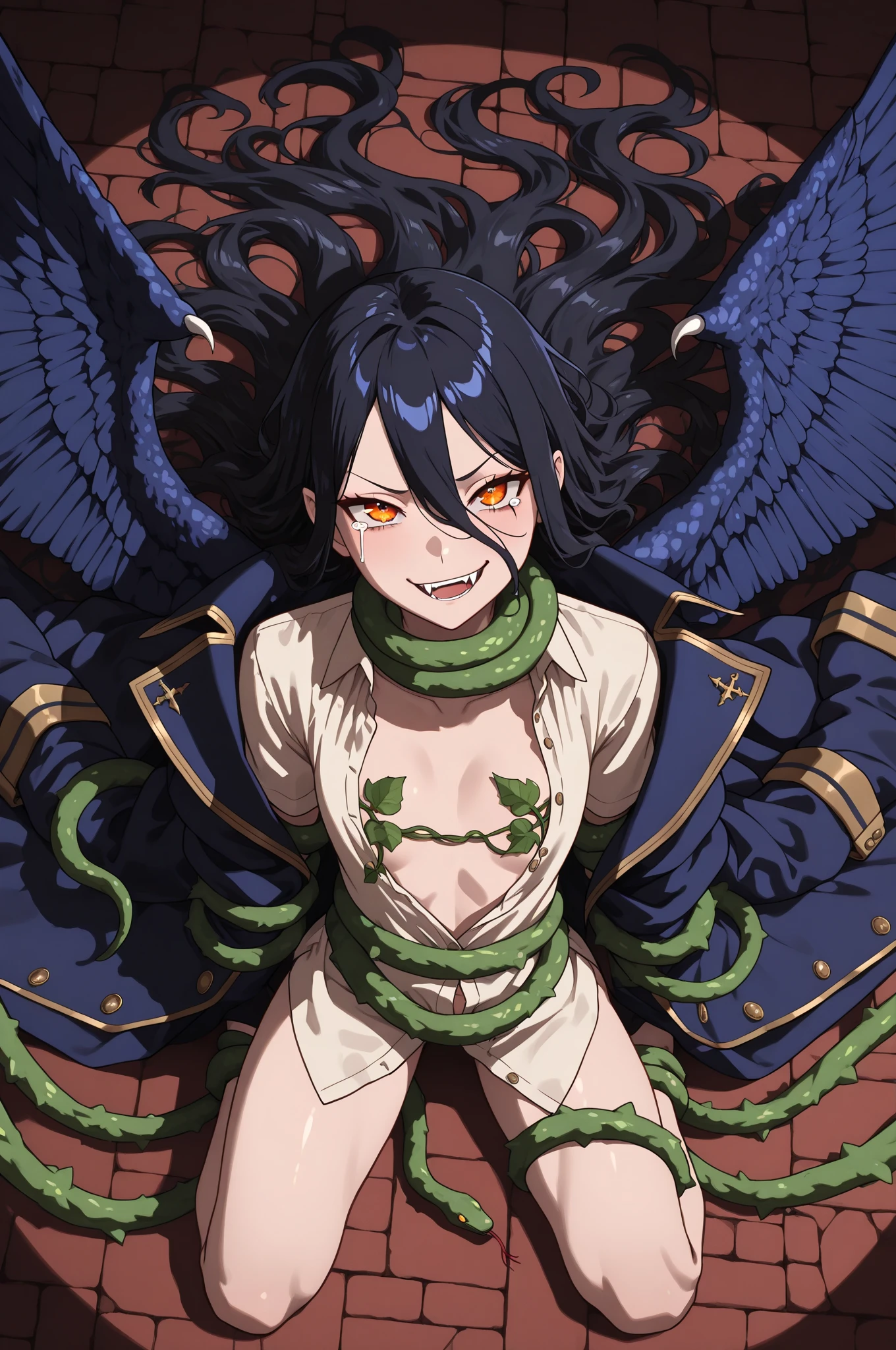 1boy,dark green hair,best quality,masterpiece,extremley,yellow eyes,male focus,beautiful eyes,Xiao (genshin impact), 1 boy, bones necklace, animal fangs necklace, arm tatoo, dark red hair, Chinese clothes, green eyes, male focus, red mark on forehead, no shirt, a red string runs from the shoulder to the chest,look at you with half an eye, smirked, put his hand to his mouth to signal silence, glove, stare at you, looking straight, make ''be quiet" signal, cover mouth by finger, looking at you, inside, red rope cover nipples, red rope cross breast, spread pussy, spread legs, pussy pov