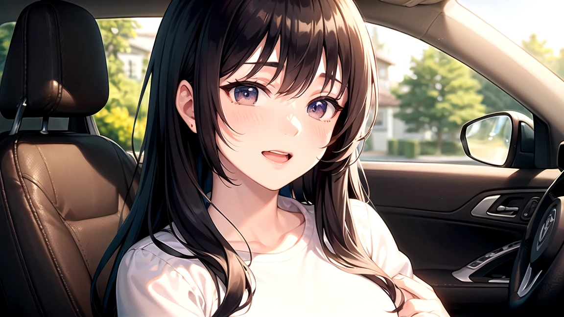 medium shot, Stroking cheek, side glance, side angle, Realistic, real person, RAW photo, photorealistic, portrait photography, shiny skin, japanese idol、(20 year old woman with black bangs) and (blunt bangs) and (straight midium hair), cleavage, (wearing a white V-neck tank top:1.5)、(embarrassed:1.2), Alone、The background is the interior of the car、Sitting in the passenger seat of the car