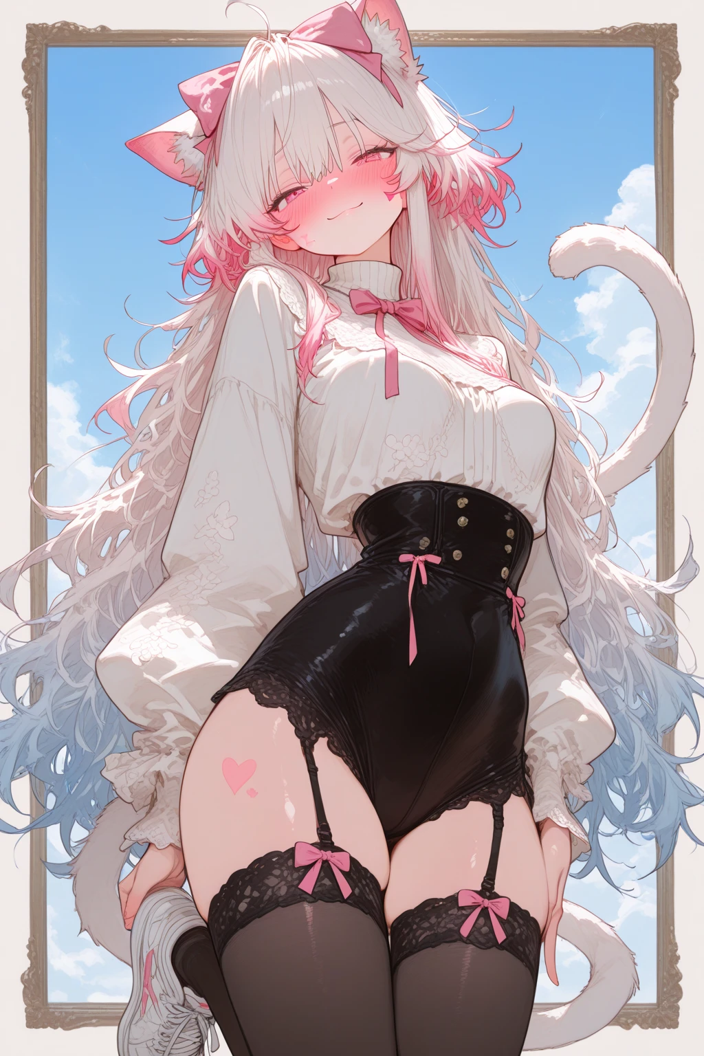 IMVU, pink hair, pink heart eyes, white round glasses, pale skin, white and pink cow ears, white horns with pink bows, fuzzy white jacket with pink spots, pink cowbell choker, kawaii, soft, high quality, masterpiece, 8k