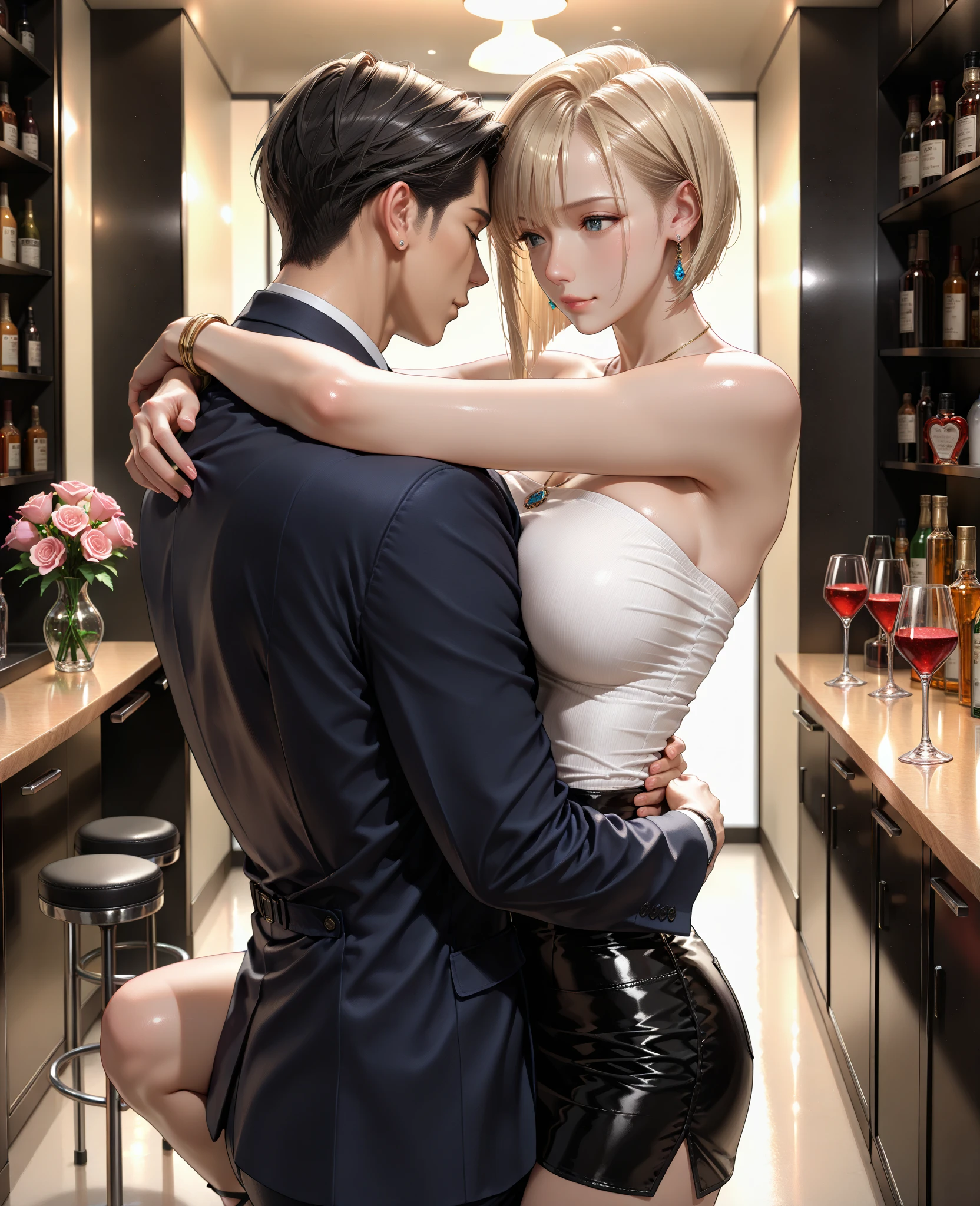 masterpiece , modern, Verism, masterpiece, super detail, best quality, 4K , Couple of men and women embracing each other, Happy atmosphere