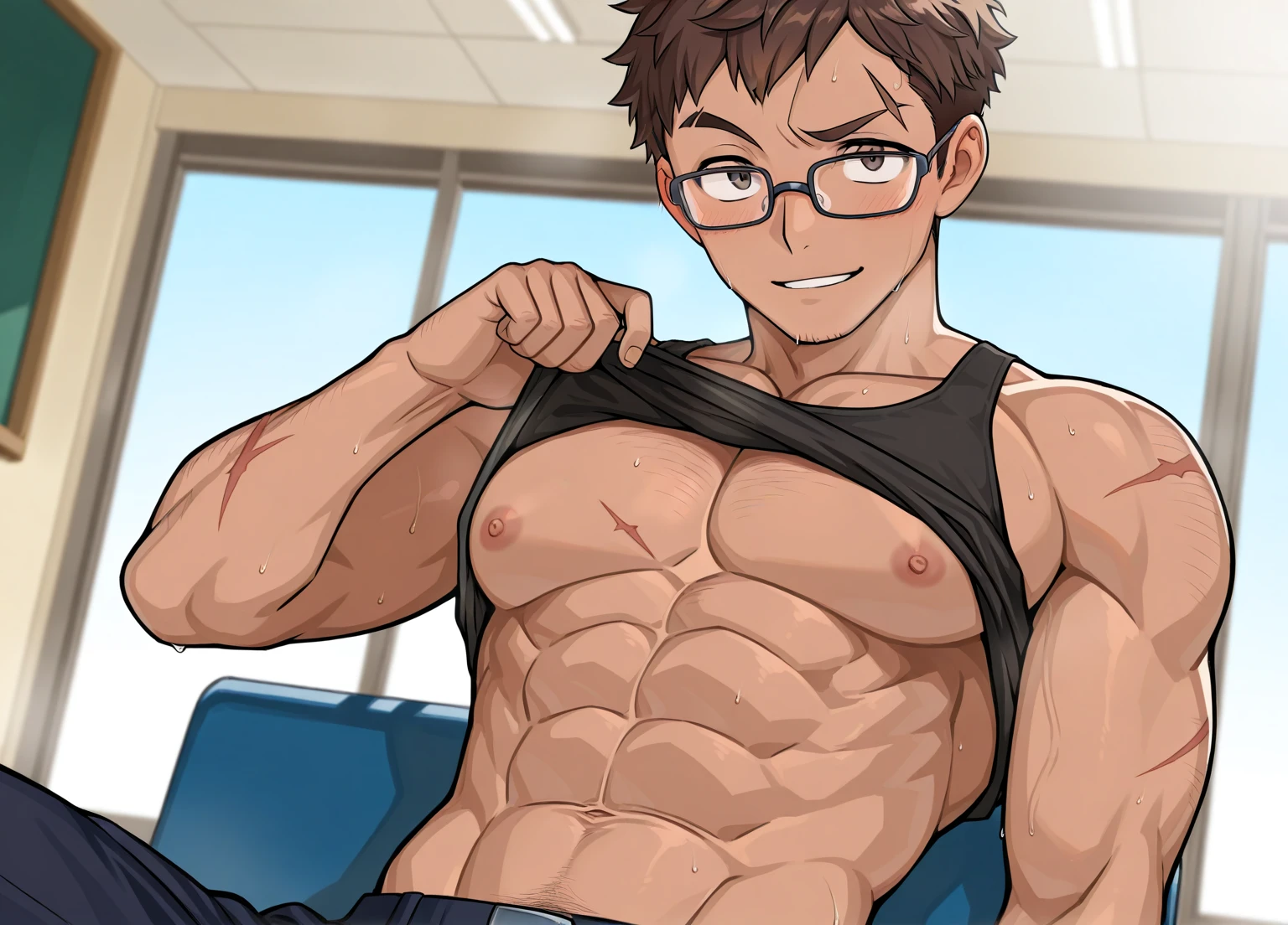 best quality, masterpiece, extremely detailed, handsome young man, skinny build, messy curtain bangs, blond hair, hick-rimmed glasses, cute preppy college uniform, standing in front of classroom, mathematical equations on blackboard in the background, topless, his arms folded across chest, shy expression, gay, homoerotic, romantic atmosphere, ambient lighting, extremely dramatic shadows, perfection, no watermark, no logo, no signature