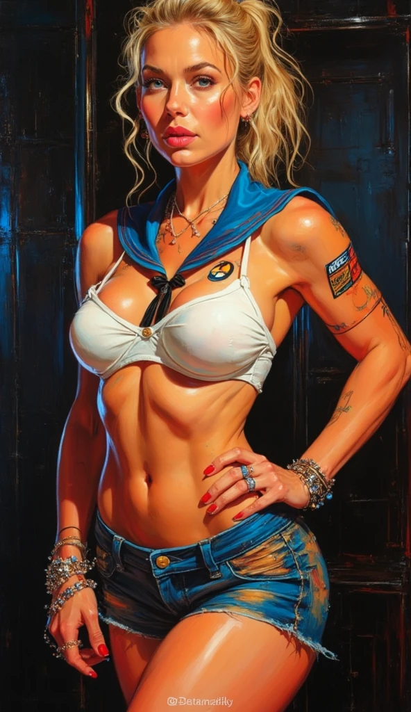 very young slim fit girl, full height, rounded face, (long curly disheveled blond hair:1.4), big blue eyes, shy smile, perfect medium breast, band on head with fake cat ears, monroe, pioneer neckerchief, short tight blue pleated skirt, bangs, tight white shirt, short sleeves, collared shirt, belt, red neckerchief, breast pocket, RAW, high detailed skin, 8k uhd, soft lighting, (masterpiece), (best quality:1.2), absurdres, thick outlines, (vibrant shadows), deep shadows, detailed eyes, full height, (high quality), high detailed background, high detailed face, high detailed finger, tatoogirl