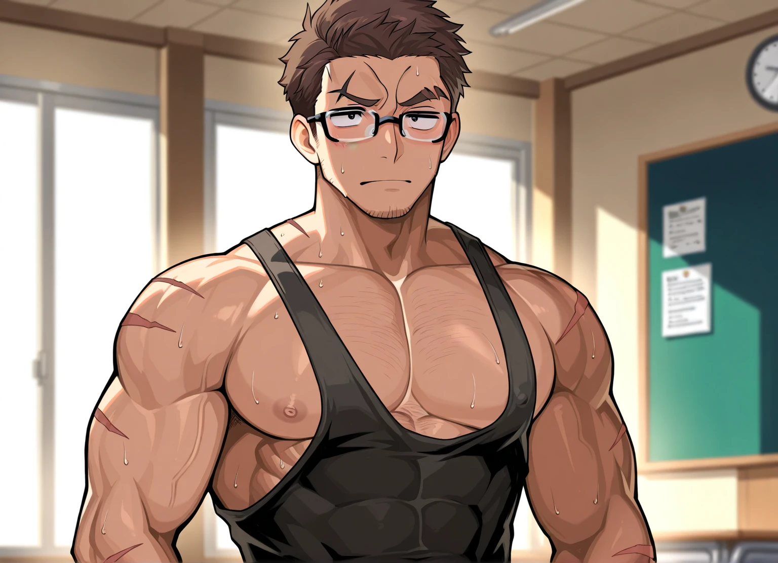 1 male, fat, tall, facial hair, glasses, depressed, messy room, black hair, big soft arms, nerd, ugly