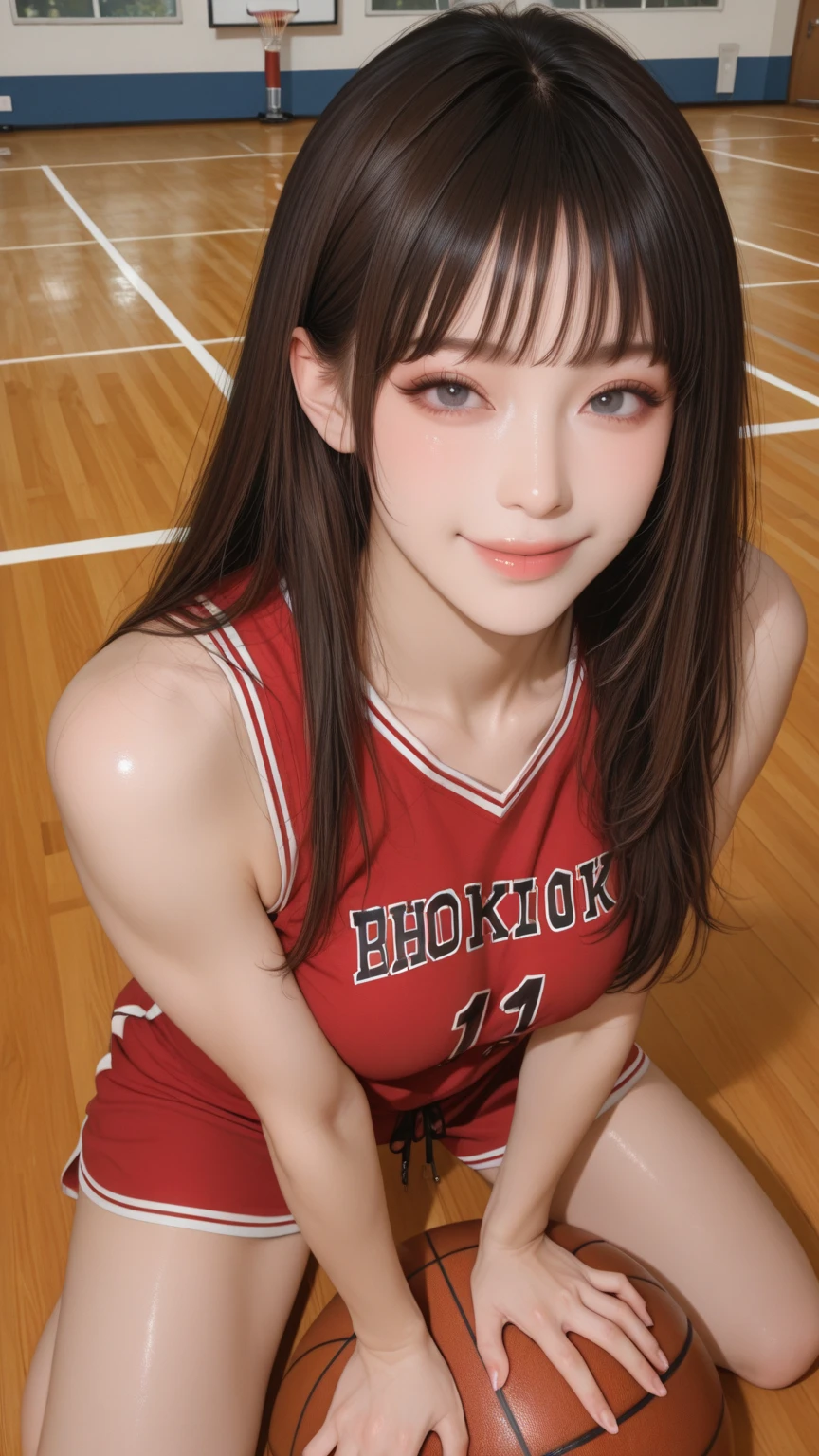 beautiful detail, best quality, 8k, highly detailed face and skin texture, high resolution, cute long hair asian girl in red basketball jersey at basketball court, sharp focus