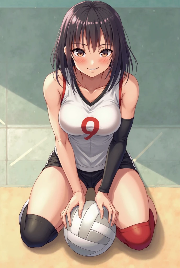 ((best quality)), ((masterpiece)), (detailed), 1girl with tan orange skin and maroon ponytail hair, wet shirt, varsity volleyball player, blank gray background, attack pose, holding volleyball, full body, wearing rubber shoes