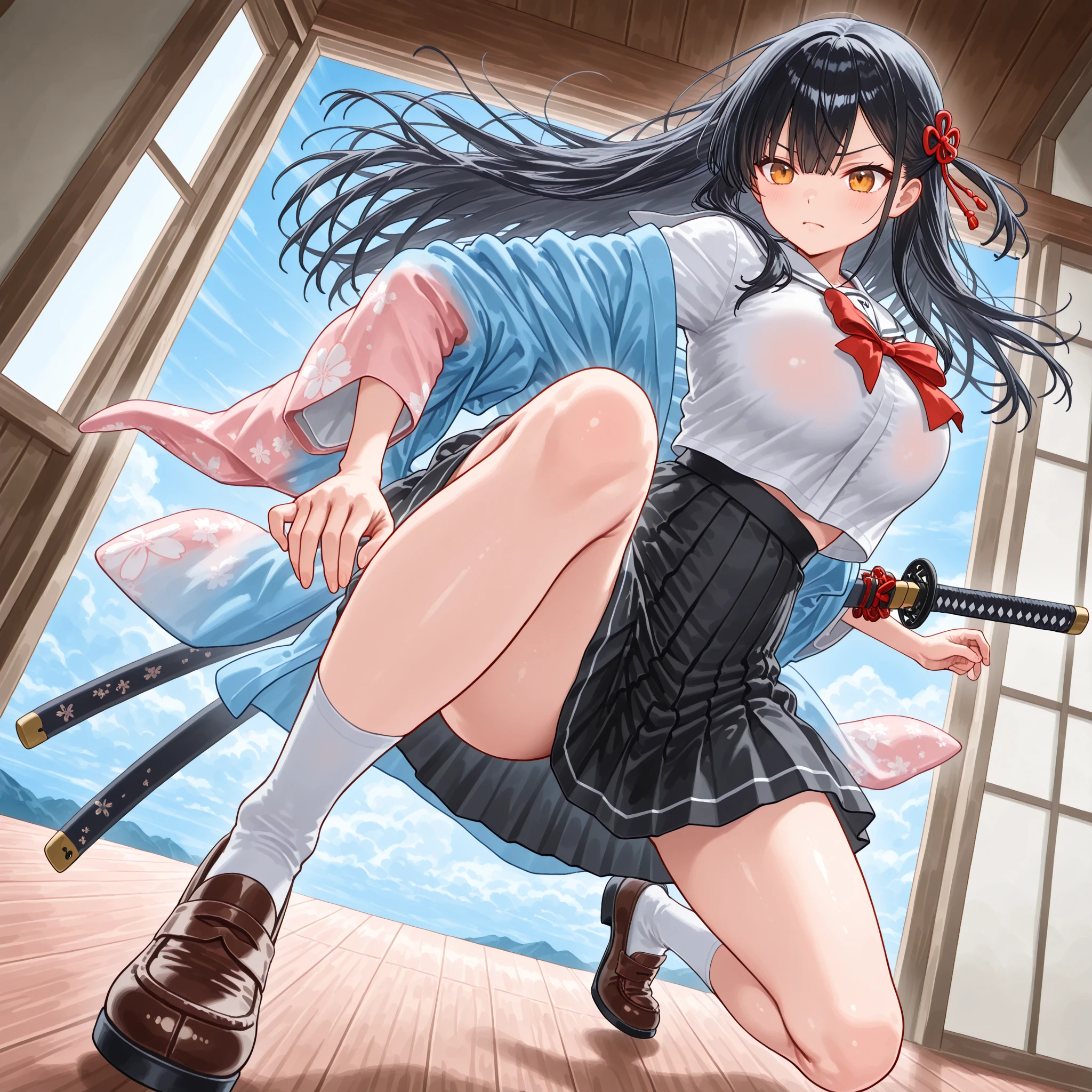 One woman、beautiful girl、high school girl、Hakama、ponytail、Big red ribbon、Long Hair、Budokan、Holding a Japanese sword、Kendo stance、A packed audience、Highest quality,  Thick thighs、Big Ass、Black Hair、Sweaty body、Rin々A funny expression、Serious face、Angle from directly below、tabi、Japanese sword swinging pose、Conqueror&#39;s Haki Aura、Squatting with legs apart、Blue panties、Close up angle on pantiey legs are shaking、Cramp、Love juice、Dildo underneath、The dildo is touching her crotch、in the ground、The dildo is vibrating、A face that is trying to endure pleasure