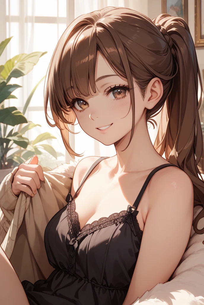 (masterpiece:1.3), (8K, Photorealsitic, Raw photography, Top image quality: 1.4), Japan high school girls、(Random hairstyles:1.2)、cleavage of the breast:1.2、Super Detail Face、Eye of Detail、二重まぶた、Bring your chest together、foco nítido:1.2、prety woman:1.4、light brown hair、top-quality、masterpiece、超A high resolution、(Photorealsitic:1.4)、Highly detailed and professional lighting smile、Loose and light knitwear、Shoulder out、slender、serious facial expression、short-haired、Fatal position