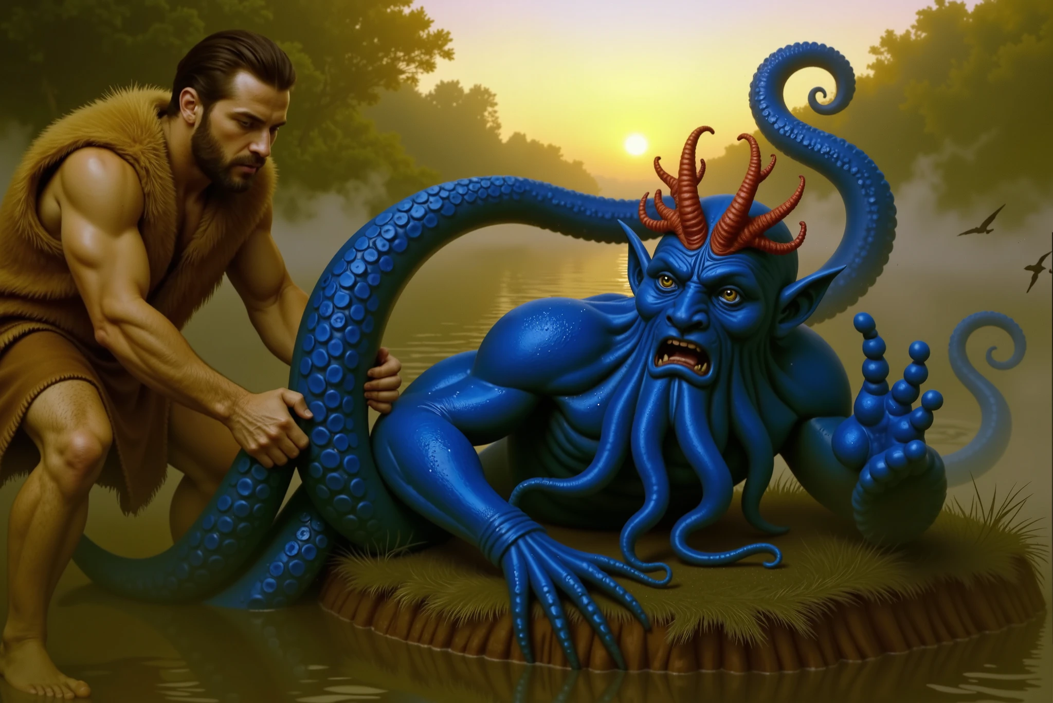 A realistic cinematic scene at dawn showing Hercules on a misty riverbank, gripping the tail of a colossal blue octopus. The octopus has gleaming cerulean-blue mottled skin and enormous tentacles thrashing in panic. Dew sparkles on the creature’s glistening surface as it tries to escape into the river. Hercules wears a lion’s pelt, muscles tense with mythic strength. The golden morning light begins to rise, casting dramatic shadows and illuminating the mist swirling above the water. Ripples spread across the river, as birds take flight and the intensity of the legendary struggle unfolds.