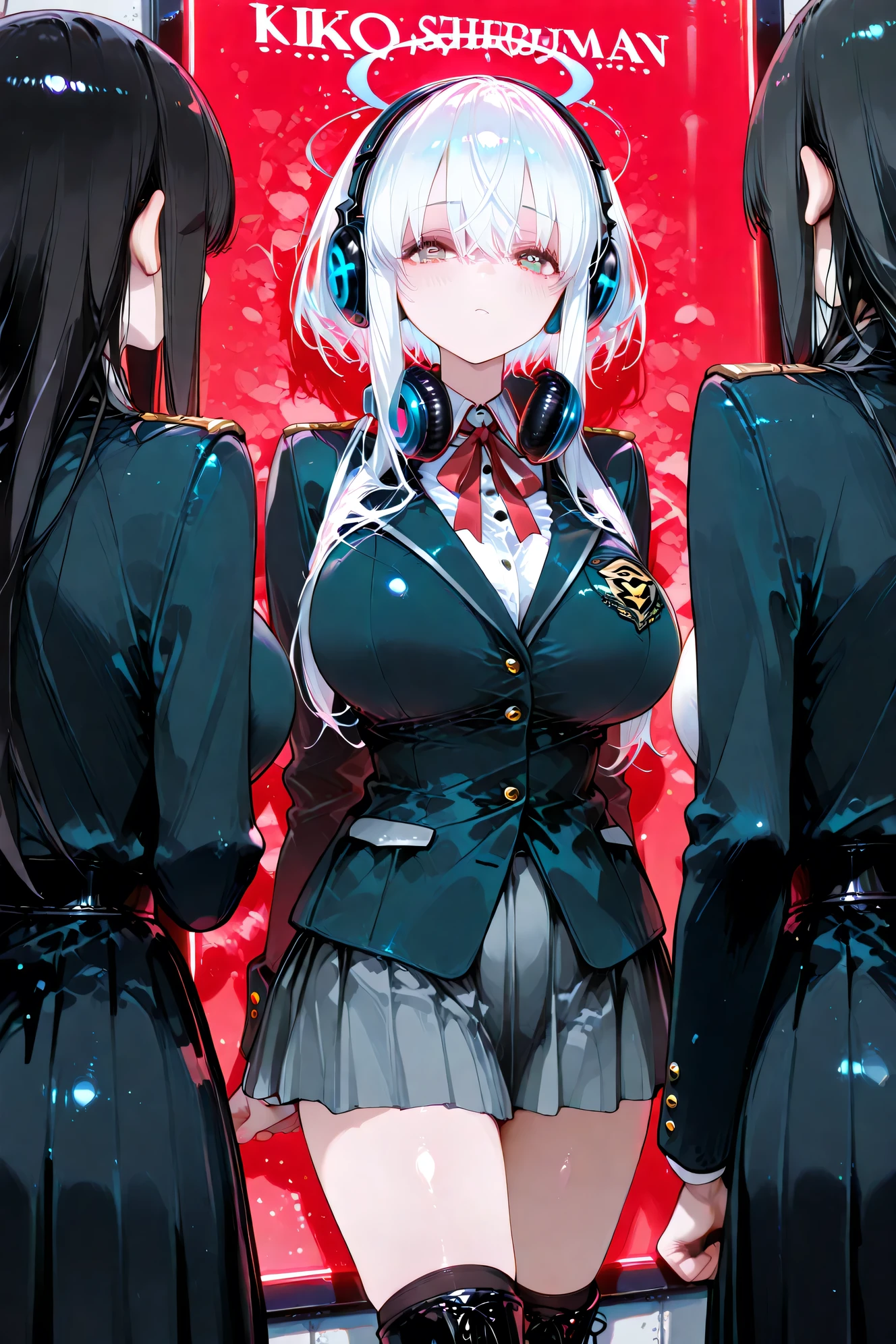 top quality、HIGH DEFINITION、big boobs、masterpiece、Shibuya Scramble Crossing、Stopping at a red light 、JK Swordsman with a sword、uniform is a red ribbon tie on the blazer、pleated skirt that awakens to expressiveness、short boots、Headphones hanging from her neck、Crowds in the background、advertising screen、neon、cute