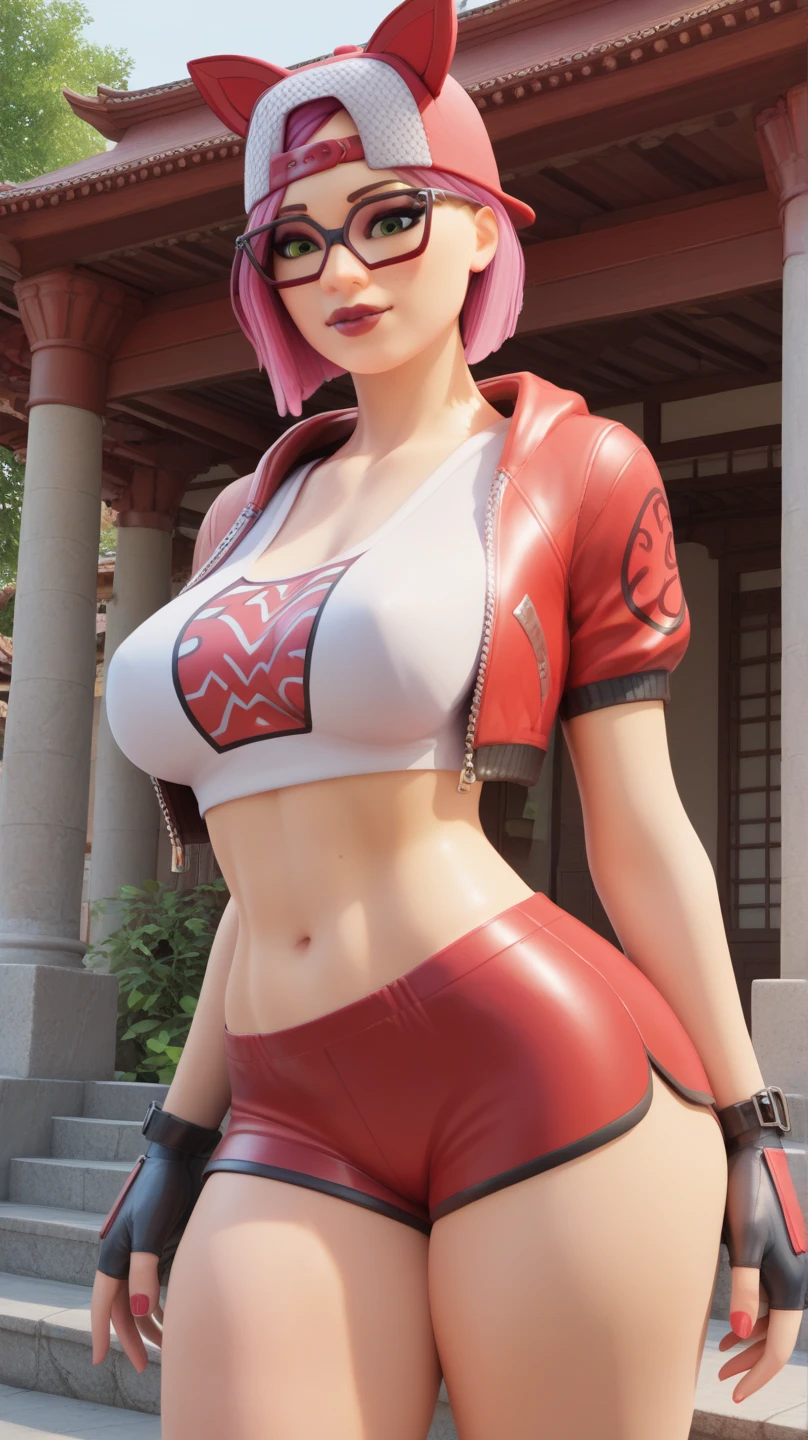 Sakura Haruno,1 rapariga, medium breast,Perfect body,a wide waist,Sexy body,light pink colored hair,Green eyes,symetrical face,Sharpness,foco nítido, detailed outfits,Cute smile,looking at viewer,pause,erect through, detailed face,Deep blue diamond on forehead,wearing red traditional silk saree, Indian outfit, traditional blouse ,cleavage,Indian silk saree, navel, groin,full-body portraits,