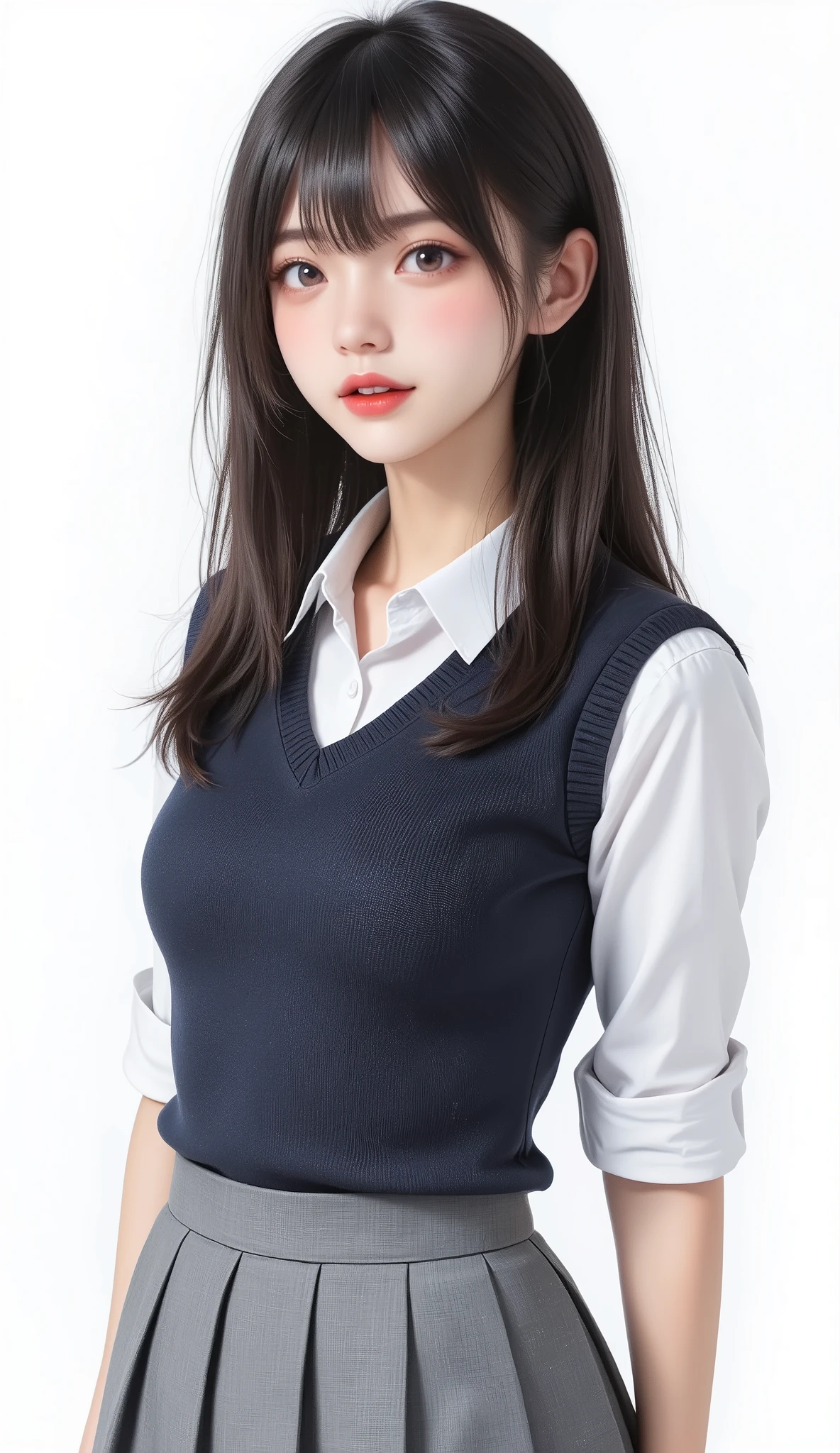 a closeup, ​masterpiece, top-quality, FULL ANATOMY、Raw foto, Photorealsitic、(Cute little face:1.3)、(Very cute smile:1.7)、(with round face:1.9)、(She has a cute face like an idol:1.4), A dark-haired、(Wearing a school uniform:1.4), depth of fields, hight resolution, ultra-detailliert, finely detail, ighly detailed, extremely detailed eye and face, Realistic pupils, foco nítido, Cinematic lighting、19-year-old woman、(One lady、独奏)、 poneyTail、Curly hair、Very detailed 8k wallpaper、Plaid pleated skirt、Show me your whole body、(Plump panties:1.3)、Cute panties in light colors、(Panties are visible from the skirt、Lift the hem of the skirt with both hands、Showing her panties to the camera）、is standing、Angle from below、(Thigh close-up、cammel toe:1.3)、(Nice figure、big breasts thin waist、Kubire、Clothes with emphasized chest bulge:1.3)、depth of fields、Bokeh in the background