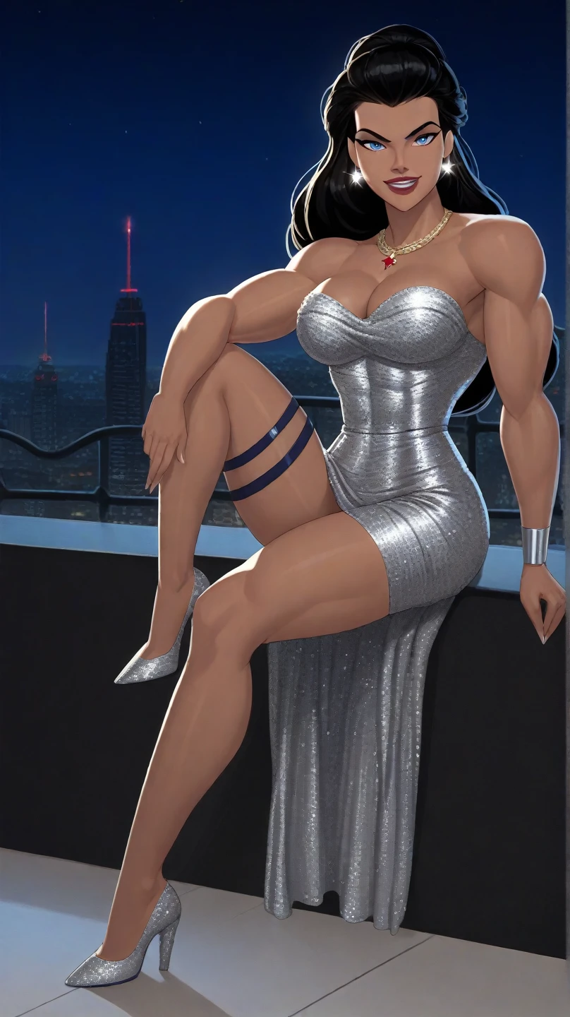((tmasterpiece,best qualtiy)), st louis\(Luxury wheels\) \(azur lane\), full body shot shot,A high resolution, HighestQuali, illustratio, cinematric light, ultra - detailed, 详细的脸, (Detailed eyes), Best quality at best, ultra - detailed, tmasterpiece, (详细的脸),Oversized giant breasts,Long cleavage,big breasts thin waist,Exaggerated huge fat buttocks,Super long big thick legs,silver high heels, hair adornments, 耳Nipple Ring, choker necklace, sportrait, Silver shiny dress, Clothing that exposes, highest details, glowing light eyes, (Hotel:1.2), sit on a bed, are standing, janelas, nigh sky, The light from the back window is backlighted, llight rays, (hight contrast), (a color),barechested,full body shot shot。((((huge muscles))))
