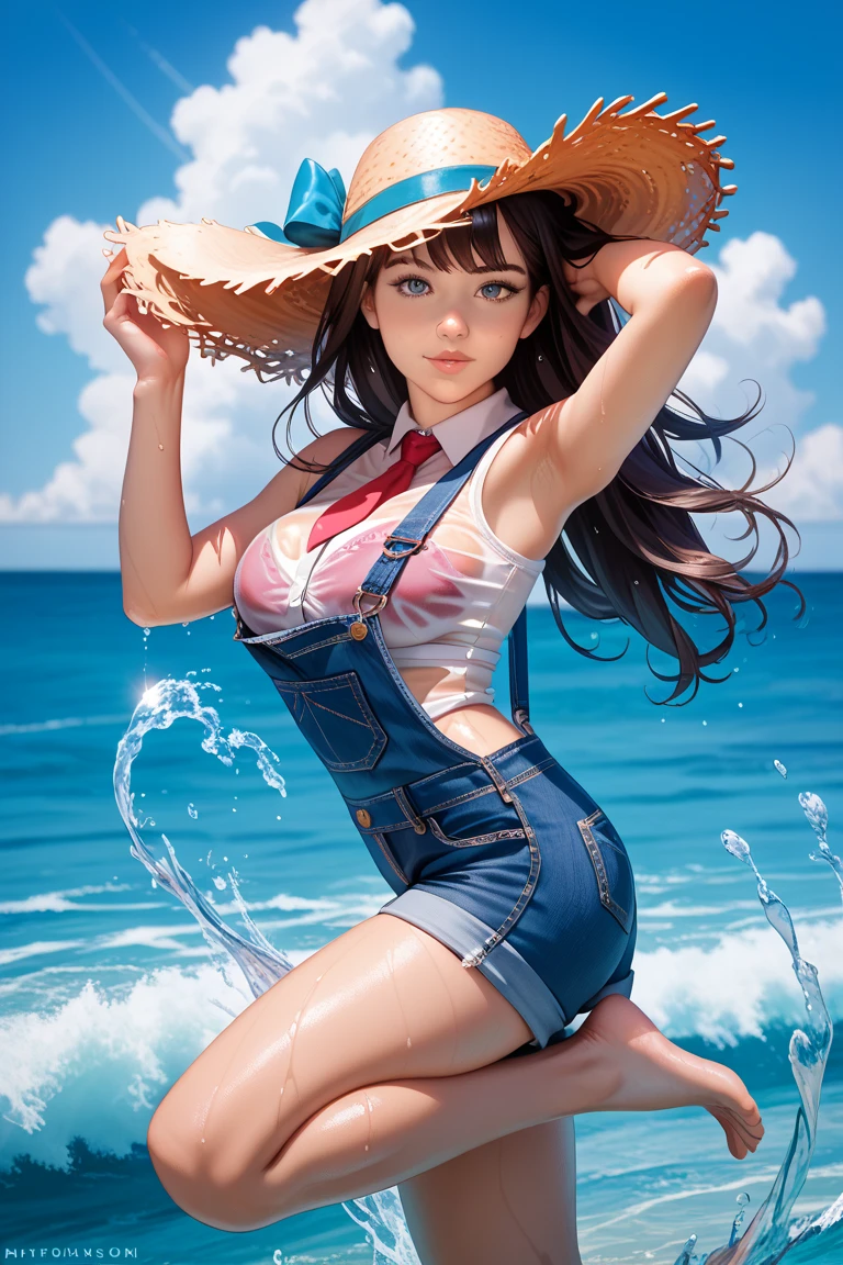 (female:1.2) (bodybuilder:0.8), hyper realistic, masterpiece, photorealistic, real skin, detailed face, detailed skin, detailed lighting, 1girl, (green eyes), large ass, thigh, long hair, curly hair, black hair, red lips, seductive face, seductive pose, red bikini, facing back, hold ass