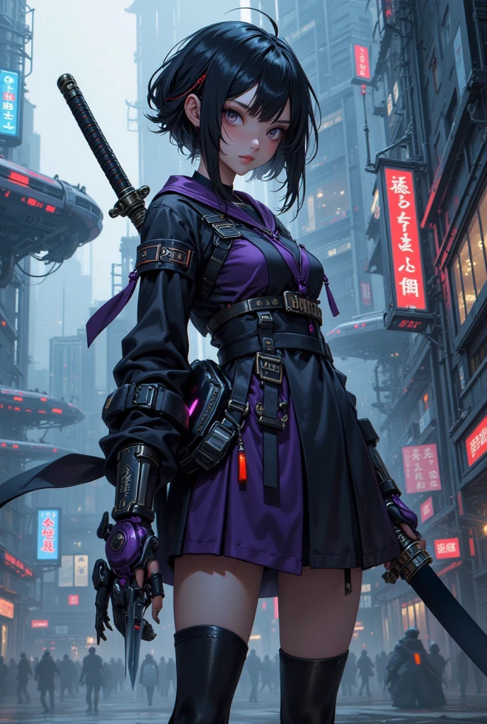 ultra realistic 8k cg, epic, perfect artwork, masterpiece, (fantasy:1.1) cityscape, (scifi, neon), daytime, ((one female, ((facing away from viewer, turned around):1.2), small, side frame, not main focus), <lora:adventurers_v1:0.6>, (battle-coat, long skirt, ranger)), charturnerv2