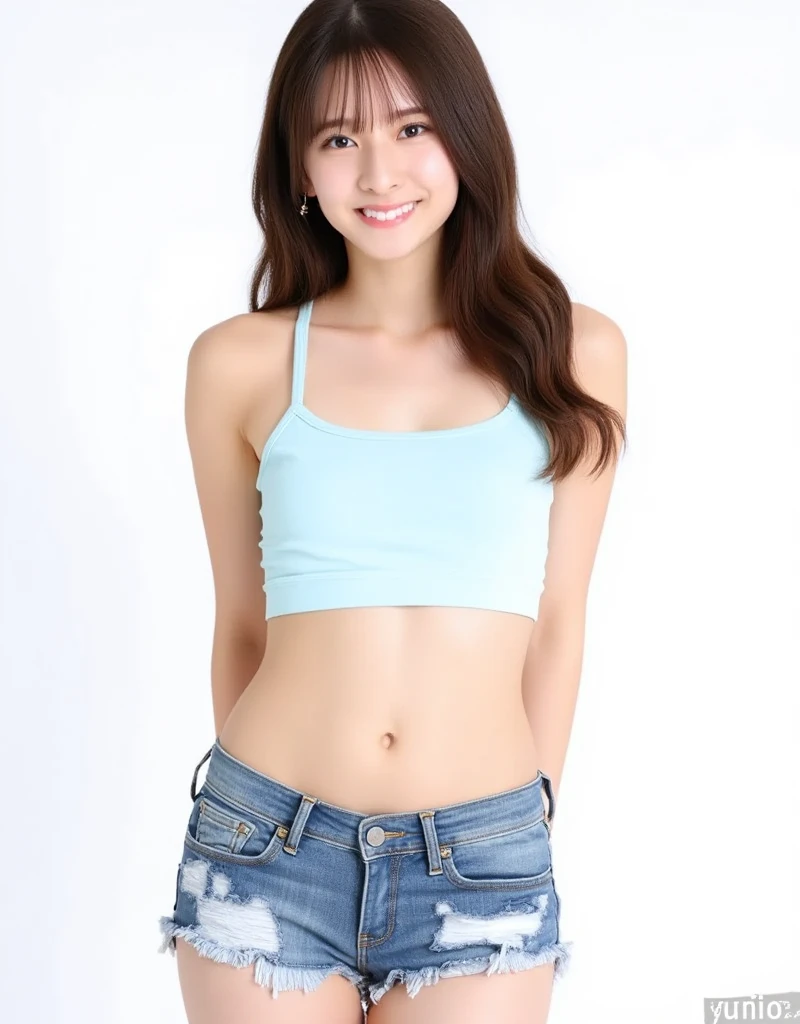 masterpiece,highest quality,1 girl,delicined face, 前hair, just_arm, just_shoulder, green_eye,((A very narrow waist:1.48))、(soft big breasts:1.48)、(14 years old:1.48)、clavicle, cowboy_shot, crop_superior, High leg, High leg_panties, length_hair, looking for_in_peeping in the viewer, belly button, panties, realistic, short_shorts, shorts, 一人in, Are standing, underwear,