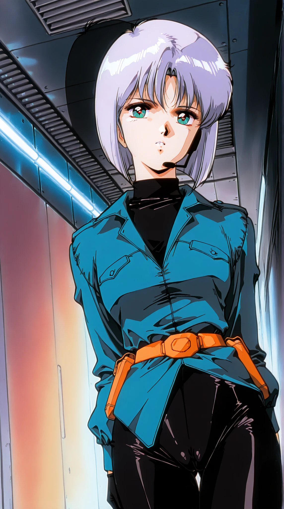 etro anime, classic anime, manga, vintage, flat colors, bold lines, matte, faded colors, retro. (artistic, dramatic, sleek, stylish). Very close view, confident woman, masterpiece, best quality, highres, Hayase Misa, silver bob haircut, eyes, 1girl, solo, 1980s style, retro artstyle, cowboy shot, looking at viewer, glossy lips, futoshi, dramatic shadow, smooth skin, very aesthetic, retro anime, incoth, (retro anime:2.6), female, solo, (1980s anime retro), indoor facility, security hallway, evening lights, face focus, teal eyes, sharp bangs, athletic build, navy blue tactical jacket, matching pants, zippered turtleneck undershirt, gloves, utility belt, headset, faded colors, neon accents, flickering hallway lights, urban spy drama, solo, cowboy shot, dutch angle, fat ass, cameltoe