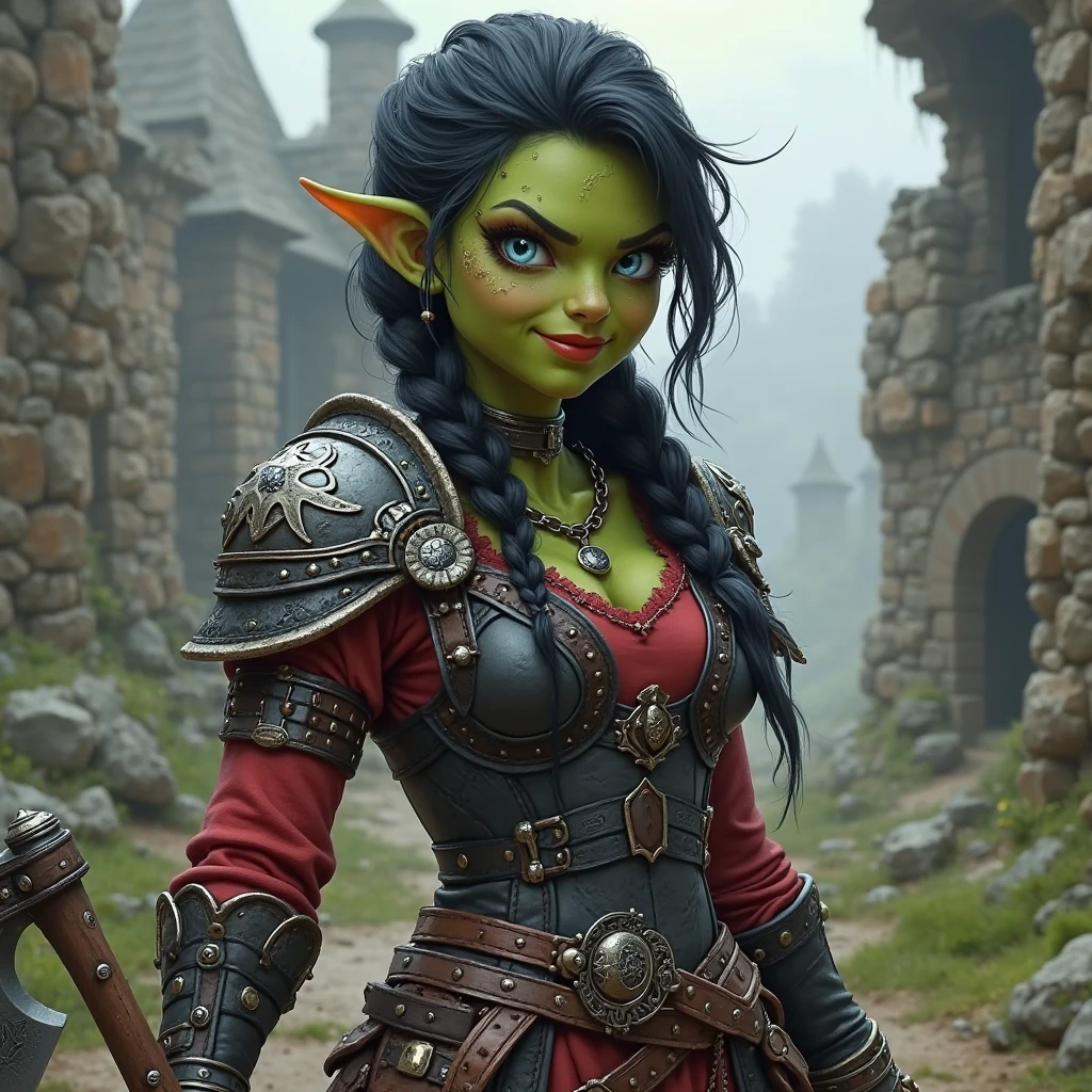 Masterpiece, Best Quality, Official Art, 8k Wallpaper, Very Detailed, Illustration, (orc young queen), dirty skin, Long Hair, Detailed Eyes, sharp fangs, Bare Shoulders, armor, Lake, Pure, Soft Smile, old castle, (deep scar with drops of blood)