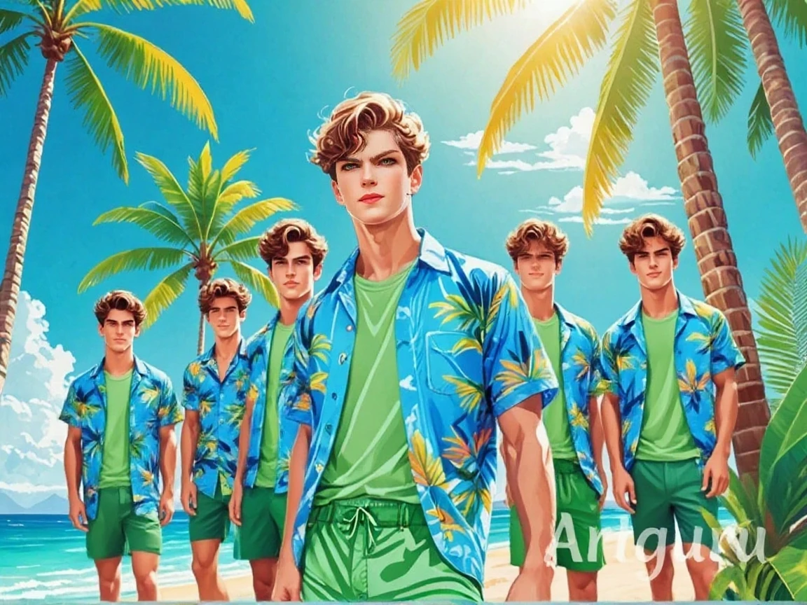 candid fashion illustration a group of young man, aged 18-23 year old, tall and slender, Mixed race super model, ((showcase in fashionable swimwear inspired by designer Aussiebum)), in elegant and sexy style, mixed color of mixed of pastel color of chalk pink, fawn, peachy keen, lavender, aster purple, light blue, rose dust, fir green, indigo. The 1st man wears an oversized lace shirt, paired with white thong, thick bulge. The second man complements him in a oversized Yukata with sheer Drawstring pants. The last man wears only underwear with sheer swimsuits with a wet, thick bulge.  (all completes the look with beach accessory,  hat, and sunglasses. Captured in a ((full-body image)), relax and simple pose, ((light water-color paint on white paper background)), realistic pencil lines, imperfect drawing, charcoal lines detail, fading sketch, fashion Sketching, low angle view, (full body image),