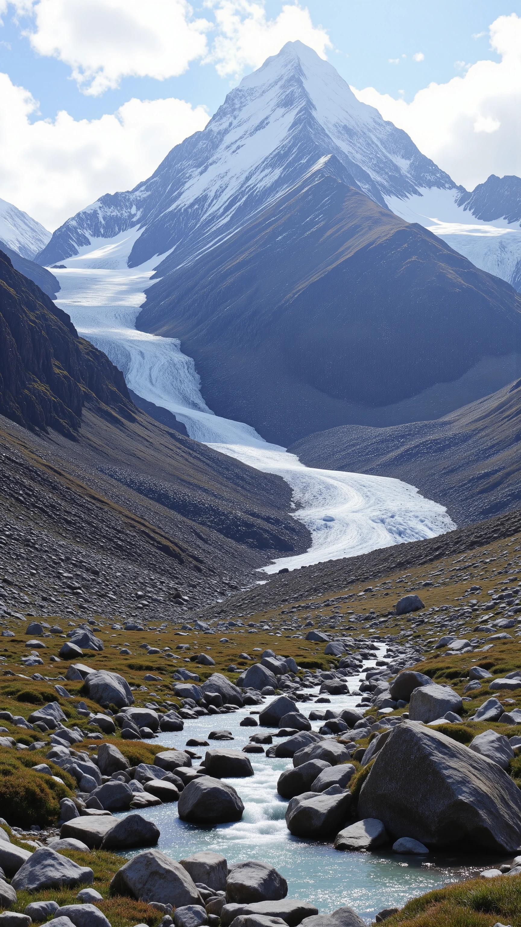 I'm imagining、Mchuchish(Muchu Chhish)and Mount Batula V(Batura V)towering majestically along with glaciers{x}belongs to the Batullah Mustag Mountains in Pakistan's Karakoram Mountains(It rises majestically with an elevation of 7,000 meters)In the mountains of、未登頂In the mountains of、glaciers.。