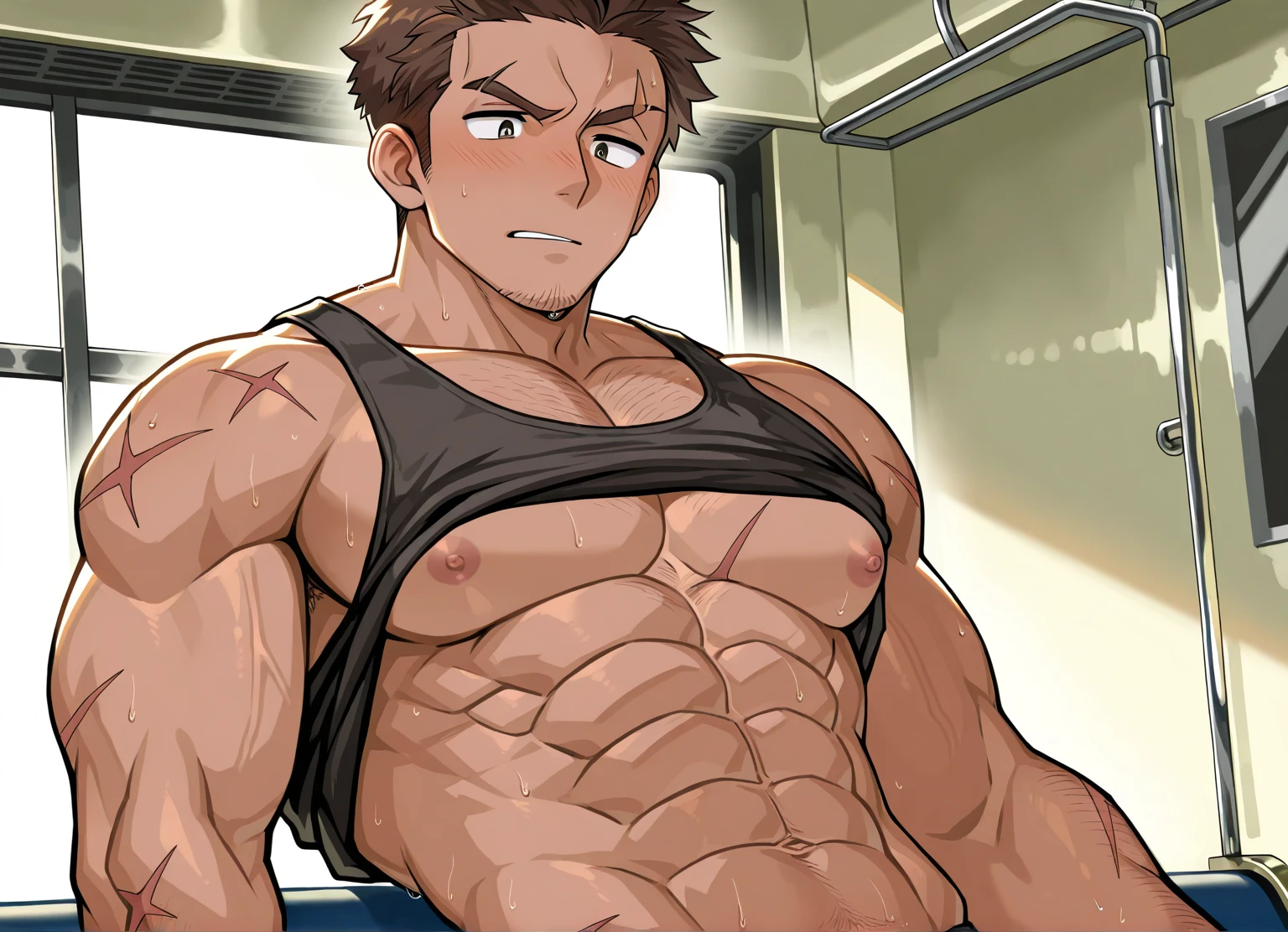 Tall muscle boy , naked , spread legs , kneeling , viewed from below , big boobs , armpit, sweaty