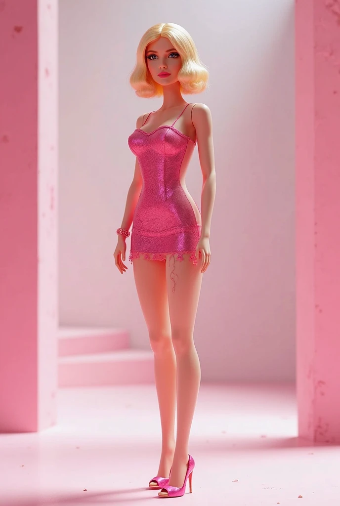 a pin up picture of three Barbie as a housewife, H cup, big hips, bbw (best details, Masterpiece, best quality :1.5), ultra detailed face (best details, Masterpiece, best quality :1.5), ultra feminine (best details, Masterpiece, best quality :1.5), wearing latex pink mini dress, pink stockings, pink high heels, long braided hair, hair pulled back, blond hair, modern bedroom background (best details, Masterpiece, best quality :1.5), ultra best realistic pictures , best details, best quality, 16k, [ultra detailed], masterpiece, best quality, (extremely detailed), ultra wide shot, photorealism, depth of field, hyper realistic painting