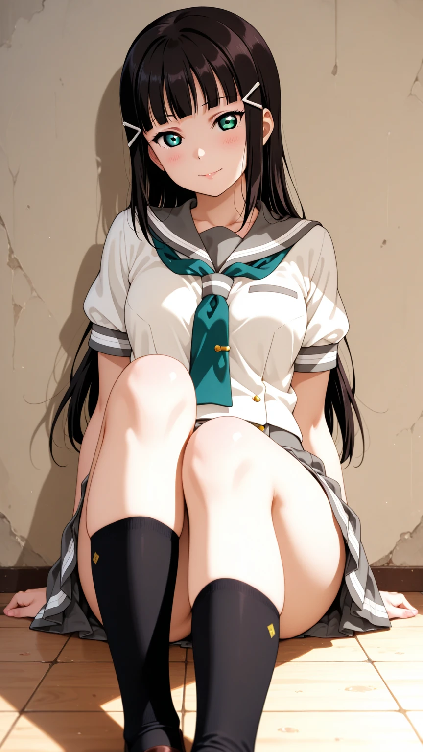 (Realistic, photorealestic:1), ((Best Quality)), Move the center of gravity back, Pretty embarrassing, white panty, (Show Panty:1.2),tight skirts, (Skirt Up:1.1), (suspender skirt:1.1), (crouching down:1.2), Heels on the ground, Slightly spread legs, Squat with your knees up, Put your butt on the ground, Black Penny Loafers, Beautiful faces in detail, Real Human Skin, gentle expression, frontal view, the angle from below, Realistic, Photorealistic, Cute, short skirt, Deep squats in the schoolyard, cute schoolgirl, Japan School Uniform, sailor uniform, Whole body,Happy smile, Natural smile, Adorable smile, Seduction Smile, (looking a viewer:1), On the front side, From Bottom, (SFW), Thin and small legs, Women's legs, White underpants,