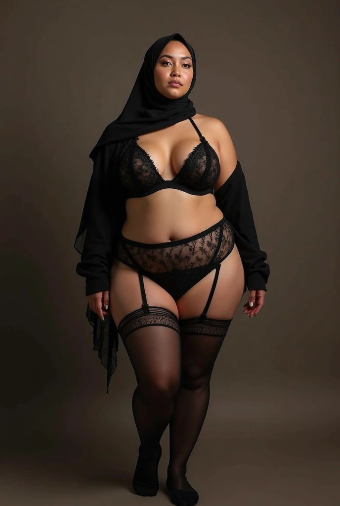 ((best quality)), (masterpiece), (perfect face), (perfect body shape), (detailed image), Chubby woman in hijab, Wearing , ultra-sensuelle underwear, curvy plump body, perfect body, room as background , sexy style