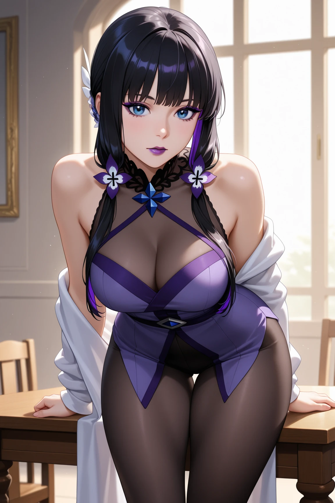 独奏, Beautiful female, The world of martial arts, Ancient Chinese clothing, wind blown, blossom flower, On foggy roads, long whitr hair, Gradient hair, brunette color hair, Blue hair, Purple colored hair, silber hair, long whitr hair, Solitude, Ray traching, reflective light, depth of fields, closeup cleavage, cowboy lens, tmasterpiece, best qualtiy, high detal, high qulity, ccurate, ctextured skin, hyper HD,A beautyful girl,crisp breasts,cleavage,slender leg,Big breasts Thin waist,White flowers,Black hair, long eyelasher, Fake animal ears, Light smile, Fang, Purple hair, Black hair, pony tails, double tails, Very long hair, widow peak, Hair ribbon, maid headdress, Earphone, flowers in head, Heart-shaped pupils,Purple eyes, Pink eyes, grin, Naughty face, Light blush, chin grab, shadowing, stereograms, tachi-e, Atmospheric perspective, hyper photorealism, 8K, Super detail, ccurate, Best quality, A high resolution, High quality, Anatomically correct, 巨作