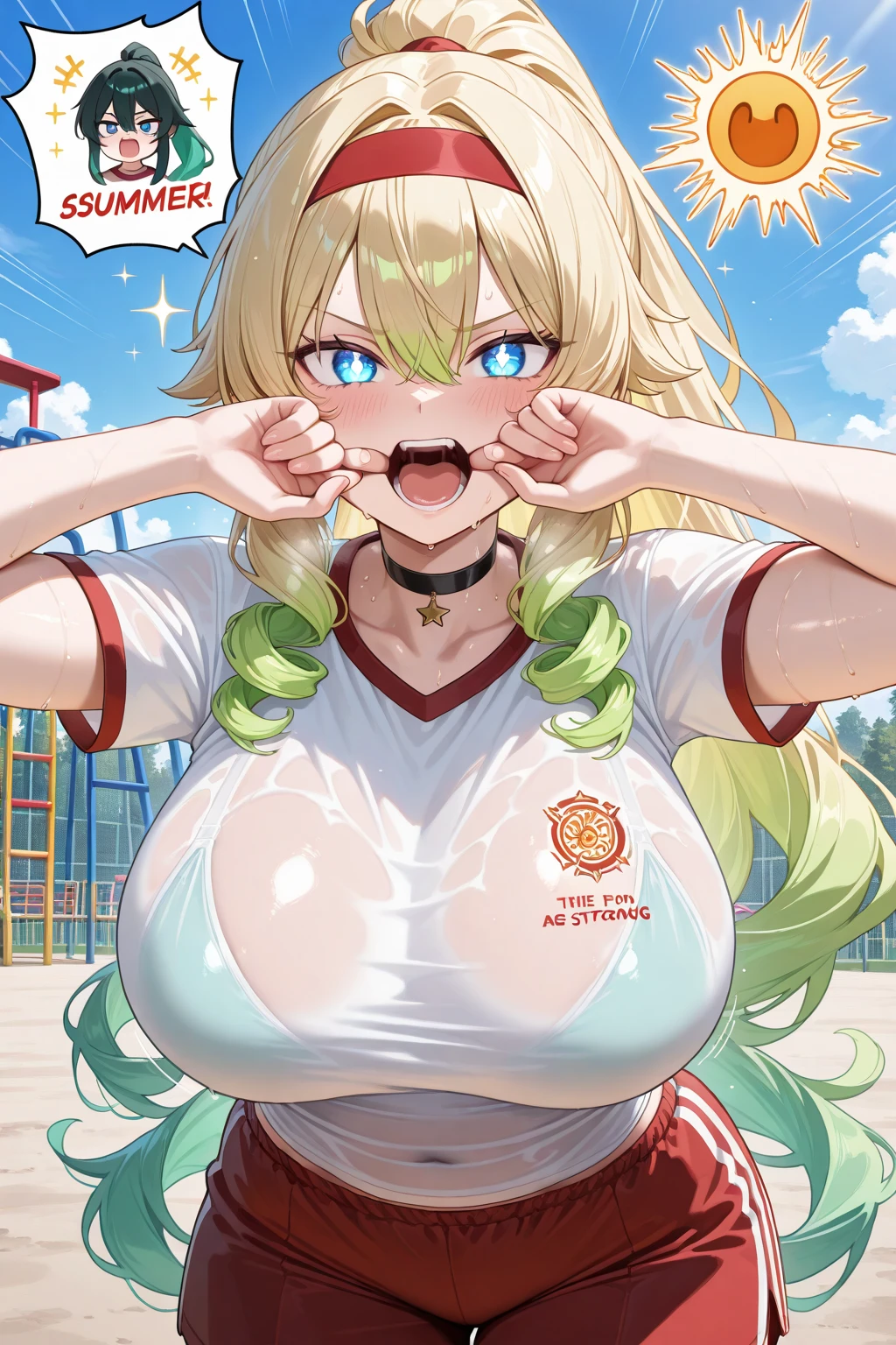 score_9, score_8_up, source_anime, 1girl, dress, huge breasts, voluptuous, ikuchan, blonde, blonde hair, beach dressing room, skimpy bikini top, aftersex, cum drip, cum in pussy, nice hips, pussy, (blonde pubic hair:1.5), thick pubic hair, (lucoa), horns, wide hips, (sweat), blush, voluptuous, after gangbang, cum between breasts, steaming body, multiple men in background, body writing, ((cum in pussy)), (lewd drawings on body), drawn penix, drawn sperm cell, drawn pussy,