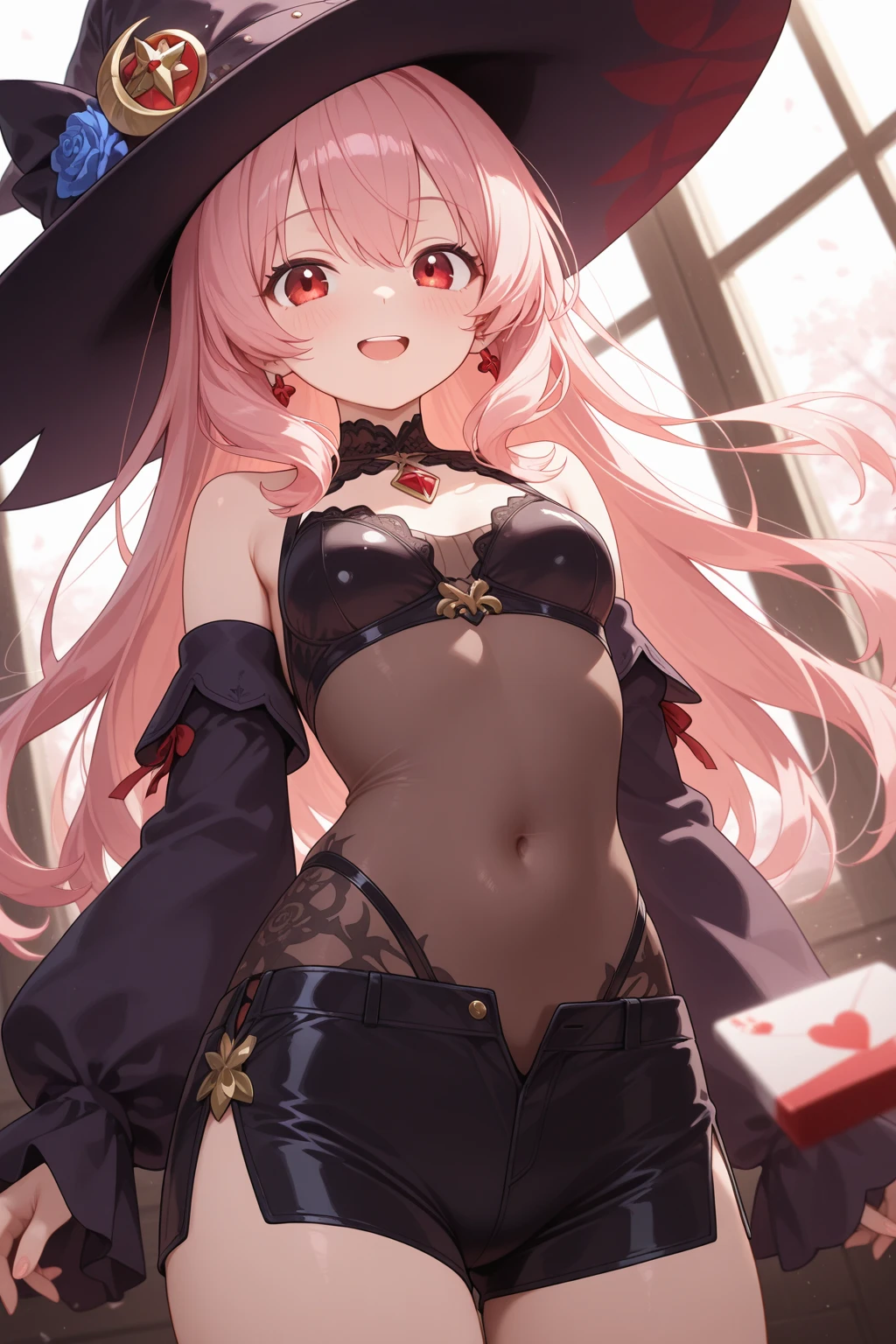1girll,ayachi nene,  cleavage, Large breasts, belt,Witch hat, Cape,Skirt,Blush,hand on her own chest, Indoors,Bed,