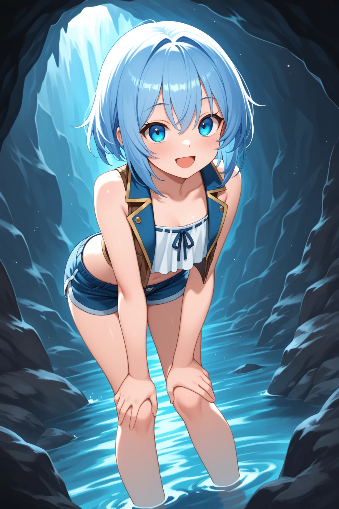masterpiece, Mountainous Regions, desert, Black Hair, blunt bangs, short hair, Ahoge, blue eyes, (((nude))), 1 boy, Ahegao, fang, spread legs, , Sweat, front, From above, arms behind head, abs, open mouth , Small breasts, (((cum on pussy))), Grin
