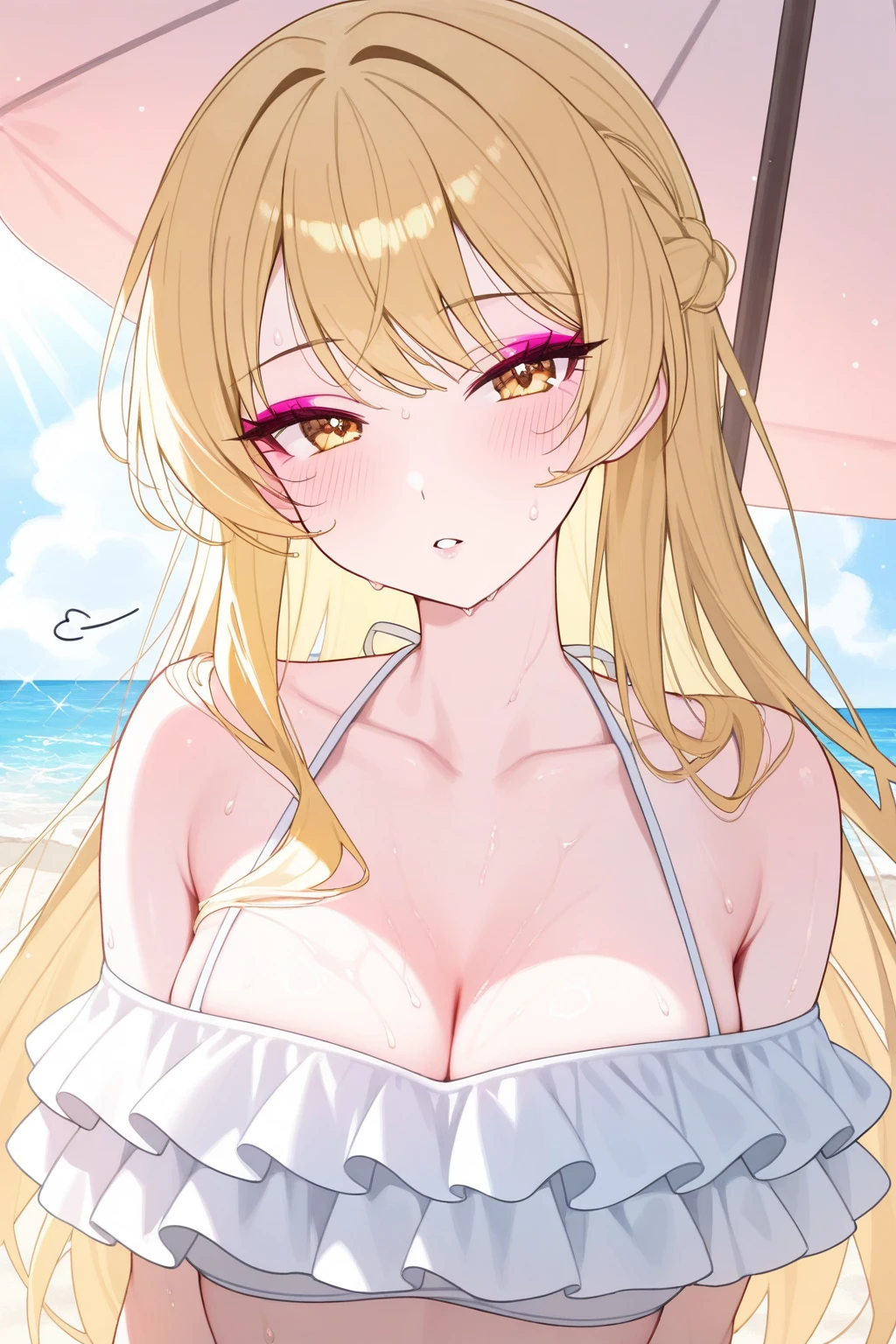 best quality, masterpiece, highres, solo, {richelieu_azurlane:1.15}, long_hair, breasts, blonde_hair, large_breasts, swimsuit, hat, red_eyes, white_headwear, cleavage, orange_hair, one-piece_swimsuit, pink_one-piece_swimsuit, sun_hat, 1girl, bare_shoulders, blue_sky, cloud, looking_at_viewer, sky, bangs, closed_mouth, day, smile, collarbone, hair_between_eyes, outdoors, upper_body