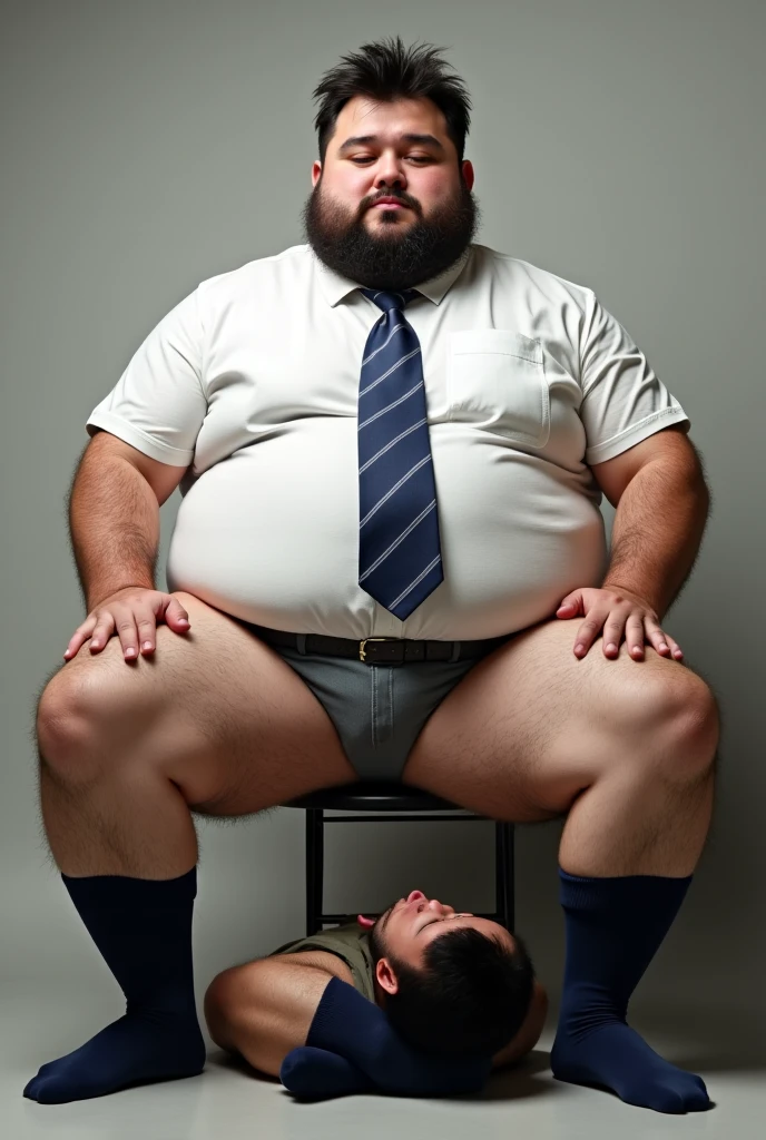 Wear short white socks，Wear only a pair of black panties on the lower body，White color blouse，Wears a blue striped tie，Bare chest muscles，The pectorals are large，face round, brush cut, slightly fat big breasts，burly build，Strong bear man in formal attire
