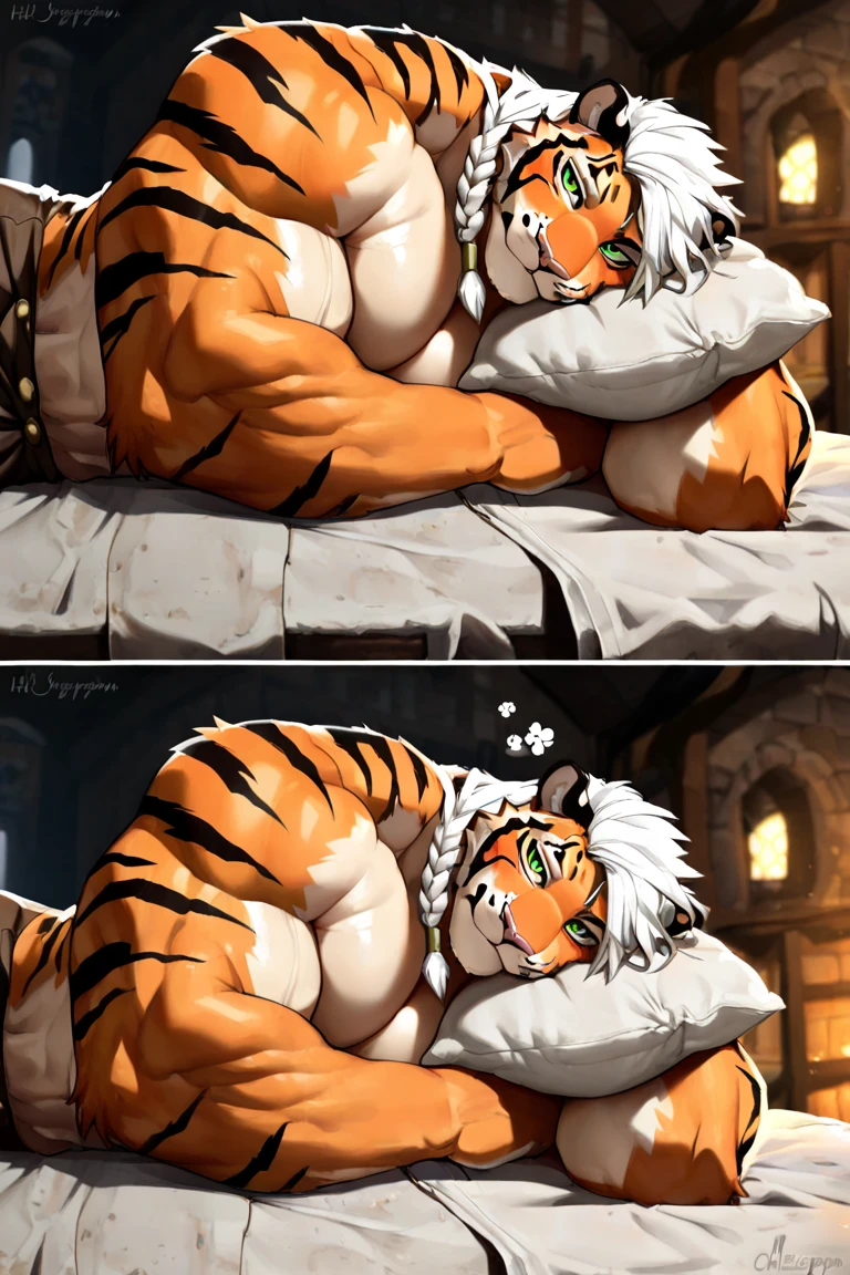By Taran fiddler, bara, solo, one man, tiger, lying down on back, laying down, naked, erected penis, uncircumcised penis, moaning, orgasmic facial expression, ejaculating, detailed semen, tent background, inside tent, close up of penis, dynamic camera angles