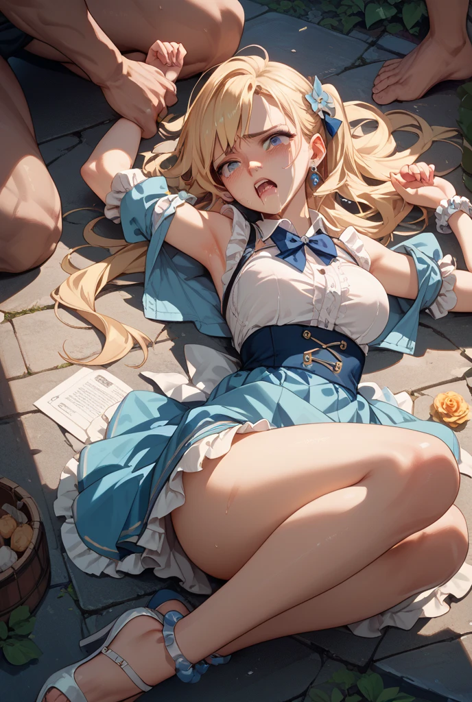 piperBS, 1girl, blonde hair, hair bun, blue dress, puffy sleeves, short sleeves, pink gloves, fingerless gloves, pink belt, shoes, blue footwear, cute and blushing 18 years old anime girl, look away because she is embarrassed and blushes, bright blue eyes, detailed face, detailed members, detailed arms, detailed hands, Girl lying, tied by ropes, shackled, can no longer move, tied tightly, very hard tied up with lots of ropes, hampered by so many ropes that she can no longer move, bound hands and feet, ropes tie his whole body, tied extremely tightly and forcefully to her bed by a lot of ropes, its limbs are strongly tied together by ropes, his torso is tied up with thick cords, her chest is so tied up with ropes that it sticks out, her legs are tied tightly with thick ropes, his hands are tied behind his back with ropes, she can no longer move her feet, her hands which are tied by thick ropes, she desperately tries to free herself, likes to be tied tight with big ropes, likes to be immobilized by big ropes, lying down, his hands and feet are strongly tied to the railing of his bed, his legs are pressed together and tied with ropes, its limbs are held vigorously by imposing ropes, her hands are tied securely behind her back by ropes, her chest is compressed by strong ropes, she is pressed against her bed and restrained by large ropes, (shibari, arms behind the back:1.4), (hands on the back), (masterpiece, best quality) 1.5, 1girl, solo, (sexy, beautiful woman, perfect face, perfect eyes, perfect hands), samus aran, (hands on the back), Spread the legs, s' ((lie in bed by big ropes)), ((close up of the girl)), ((((lie in bed)))), ((((arms tied behind the back, Legs Tied,La fille est allongée sur le ventre, La fille est allongée sur le sol:1.5)))), ((((girl seen from behind:1.4)))), ((((girl lying down on her stomach:1.4)))), ((((Outstretched arms:1.5)))), ((((Detailed hands:1.5))))