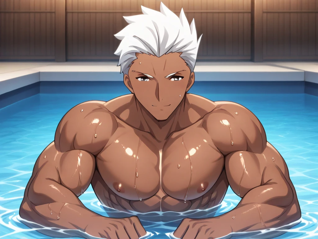 score_9, score_8_up, score_7_up, score_6_up, perfect anatomy, perfect proportions, best quality, masterpiece, high_resolution, high quality, aesthetic, absurdres, (male focus), solo male, adult, mature, masculine, manly, handsome, charming, alluring, cowboy shot, dutch angle, source_game \(Tokyo Afterschool Summoners\), source_game \(housamo\), official style \(Tokyo Afterschool Summoners\), official style \(housamo\), Hogen, TASHogen, old man, wrinkle, gold eyes, white hair, short hair, facial hair, beard, TASHogen_outfit05, tokin \(headwear\), black headwear, topless, bottomless, towel around neck, wrist rope, towel around waist, yuoke \(wooden pail\), grin, smirk, bluh, outdoors, onsen, sweaty, steamy, seductive, from below, low angle, 