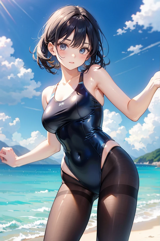 girl,Black Hair,Very short hair,Black leotard,Super High Leg Cut,Sweat,Serious face,blush,blue eyes,countryside,Rice Field,Serious face,sun,Large Breasts,Butt,Full body image,From below,Are standing,barefoot