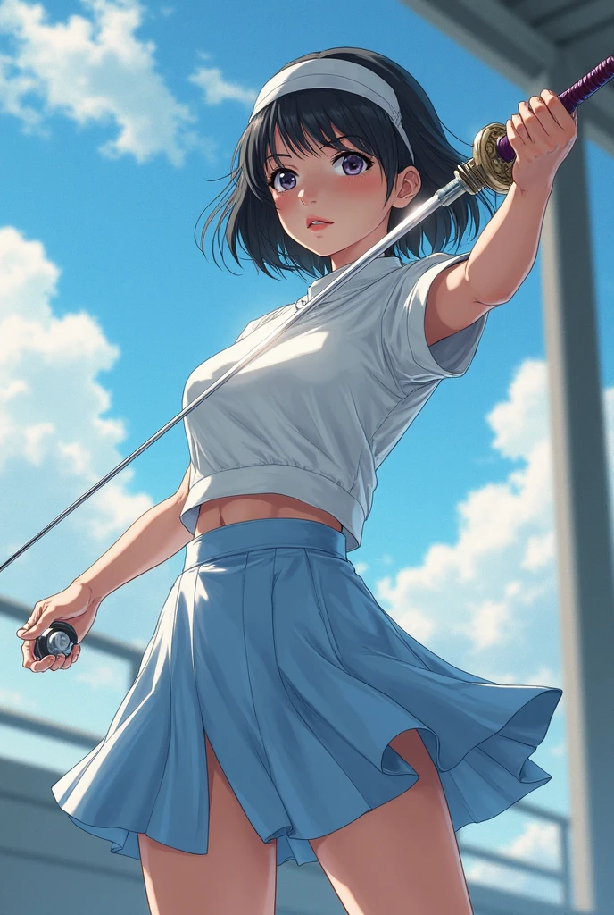 ((Masterpiece)), ((Best Quality)),Ultra High Resolution, Caustics, (Detailed, Beautiful Detailed FACE),Perfect Anatomy,nsfw,cowboy shot,solo20 year old beauty、Japanese、black hair,short bob hair,black eyes,slender body,ideal ratio body proportions,medium breasts,tan skin,gleaming skin,oily skin,shiny skin,(sweat:1.4,kneeling),painful expression、heavy breathing、steam,,(tennis wear、white polo shirt、White pleated mini skirt、perfect white panties,Clothes that are see-through with sweat),outdoors、Tennis court、
