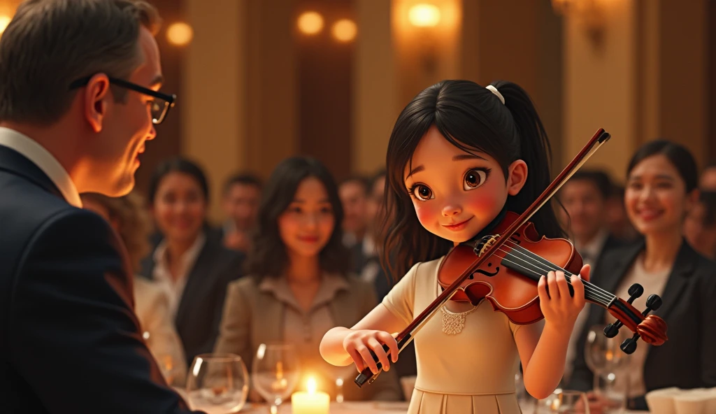 Super cute Pixar-style caricature of a 9-year-old Latin violinist girl, who takes her first bus trip. She looks happy, surrounded by her fellow symphony bandmates., high detail, high detail, anime style, Ukiyo-e, blind box toy style, 1080P, 4K, super detail, award winning