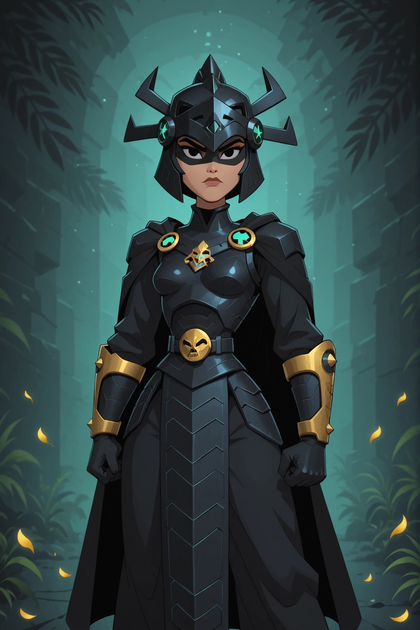 A girl, alone, cartoon style image, samurai jack style, flat color, ancient warrior of a Mesoamerican civilization, obsidian helmet resembling a raven, black outfit, obsidian armor, light skin, cape, gloves, looking at the viewer, wrapped in thick darkness, black eyes mask, fully dressed, baggy suit, peto covers his chest, small breasts, helmet with golden petals, powerful, incredible girl, black eyes, armor vest, overwatch style ,  turquoise details, futuristic Aztec warrior, solo, black paint over the eyes, fighting pose