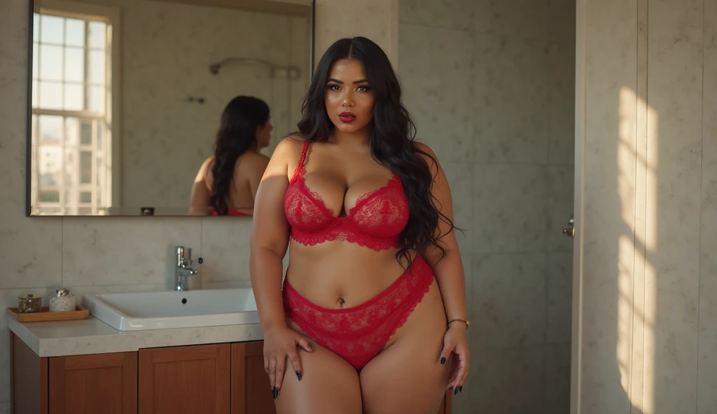 (best quality,highres),realistic portrait of a 29-year-old Latina woman with short curly black hair. She is wearing red lace lingerie, specifically a curvy size thong, with her back facing towards the camera.
