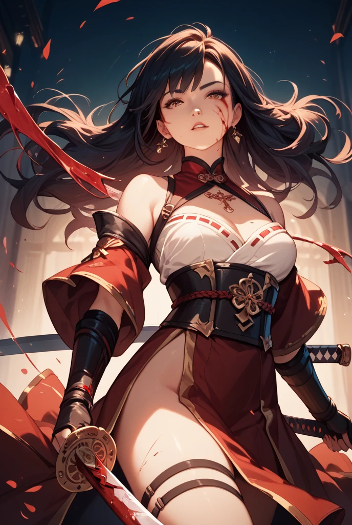 medieval setting, full view of body, 1 skinny female with large breast, beatiful smokey green eyes, black hair pinned up, shoulder free beautiful swing dress, red scarf around her neck, eerie sunset